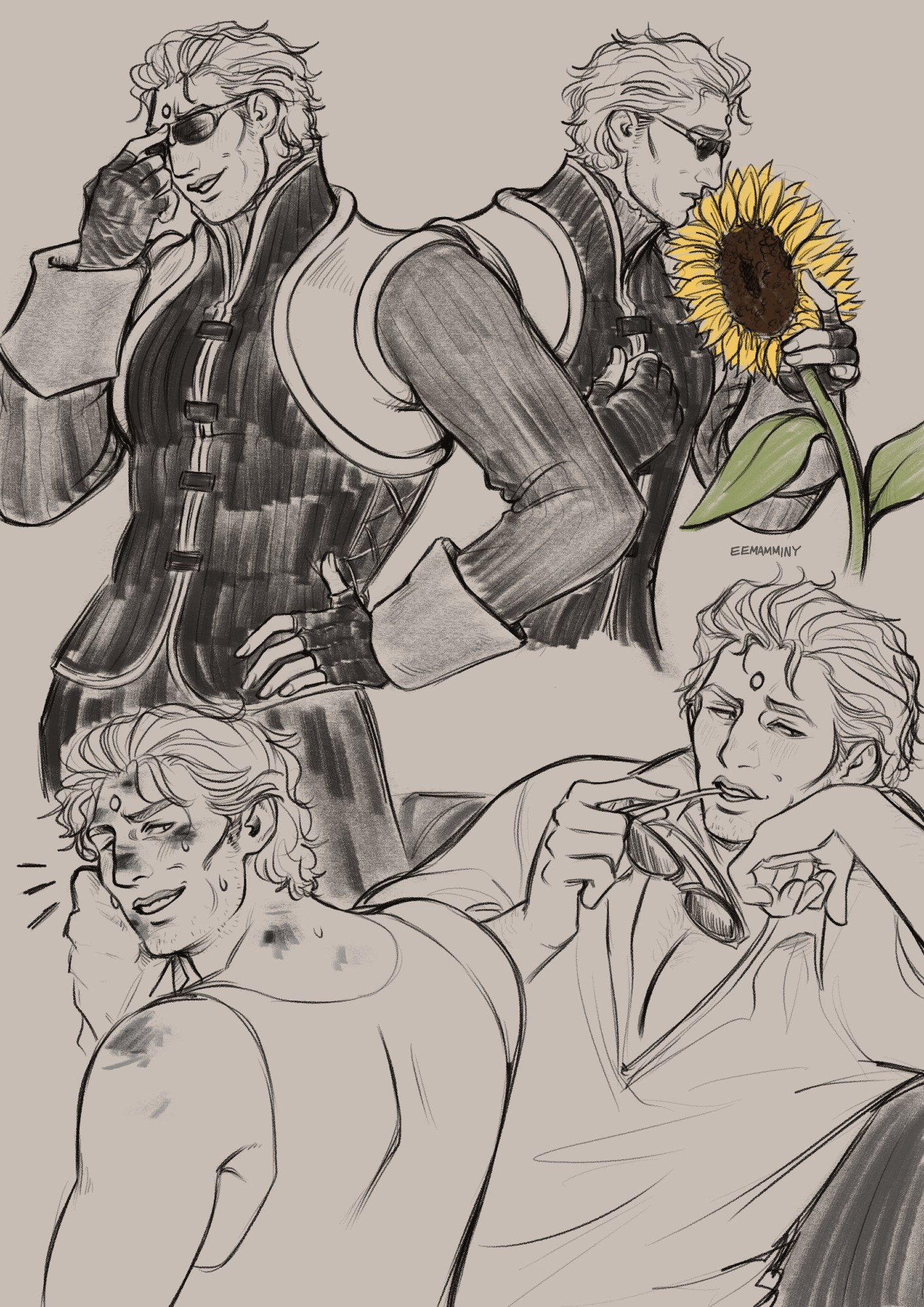 A collage of digital sketches of Nero from FFXIV. In the first pose he is looking confident and smug, putting one hand on his hip as he pushes up his sunglasses and smirks. In the next pose he looks sentimental, holding his hand to his heart while he pulls a sunflower close to his face to breathe it in. In the next pose he is dressed down in a sleeveless shirt and covered in grease and sweat, grinning tiredly at the viewer from over his shoulder. In the last pose he is lounging in a loose white blouse, leaning his head onto the back of one hand while holding his sunglasses with the other. He has a mischievous smile as he looks off screen, chewing on the stem of his glasses.