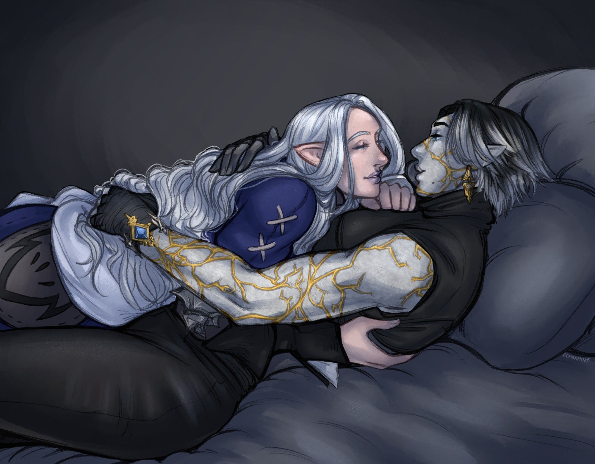 Digital artwork of Ysayle and an elezen woman. They are both reclining on a grey bed in a dark room, with Ysayle on top of the other woman while they embrace and look into each others eyes while smiling. The elezen has a dark grey complexion, though half her face and her entire left arm resembles a marble statue with gold filling cracks in the surface. She is in profile so only her left side can be seen, which has a blue eye. She has short cropped hair that is black and fades into white tips. She is wearing leather trousers and a sleeveless leather top which shows off the skin on her back. Ysayle is in her usual outfit, her hair spilling down around her back and shoulders and onto the elezen woman's chest.