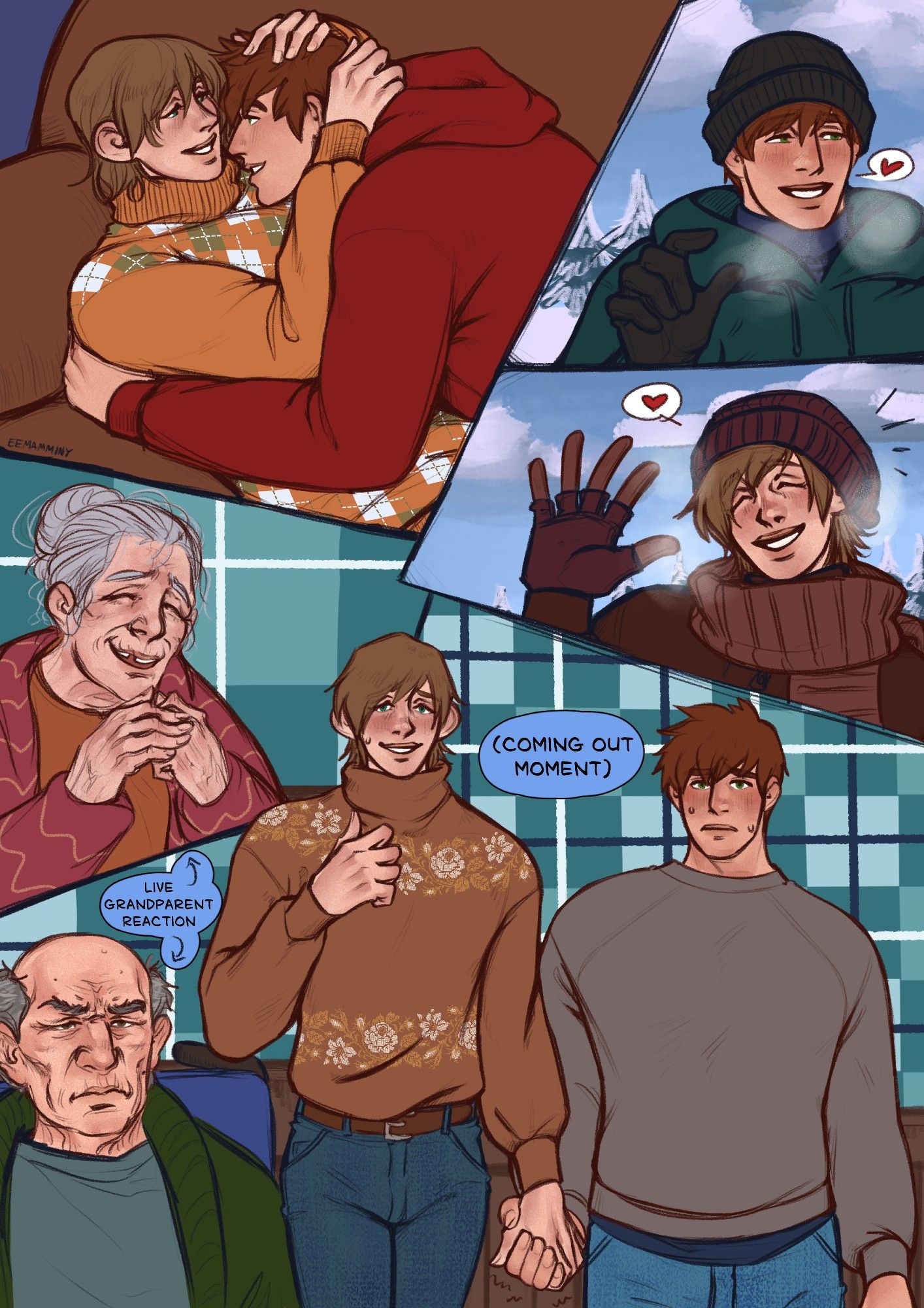 A collage of digital sketches of Alex from Stardew Valley and a male original character. They are in a variety of winter-themed poses together, including cuddling on the couch in sweaters, meeting each other out in the snow while bundled up, and standing side by side in sweaters. In the last pose, they are clutching each others' hands and staring nervously ahead. To the side are Evelyn and George, who are smiling and scowling respectively. There is text above Alex and the OC reading "coming out moment" while the text beside Evelyn and George reads "live grandparent reaction".