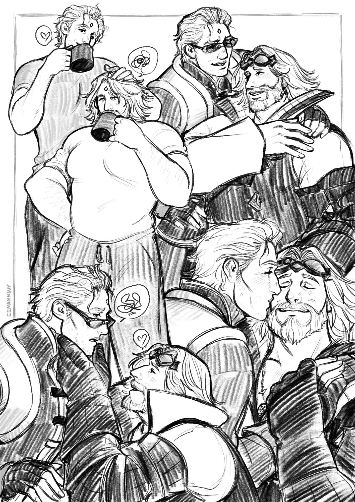 A collage of digital sketches, depicting Cid and Nero in various poses of both affection and playful annoyance. In one pose they are in pajamas drinking coffee, Nero smirking while he ruffles Cid's hair. In another pose Nero is patting Cid on the shoulder while they smile fondly at each other. In another pose Cid is caressing Nero's jaw and Nero is flustered. In the final pose, Nero is leaning down to kiss Cid on the cheek, while Cid grasps Nero's hand over his own chest.