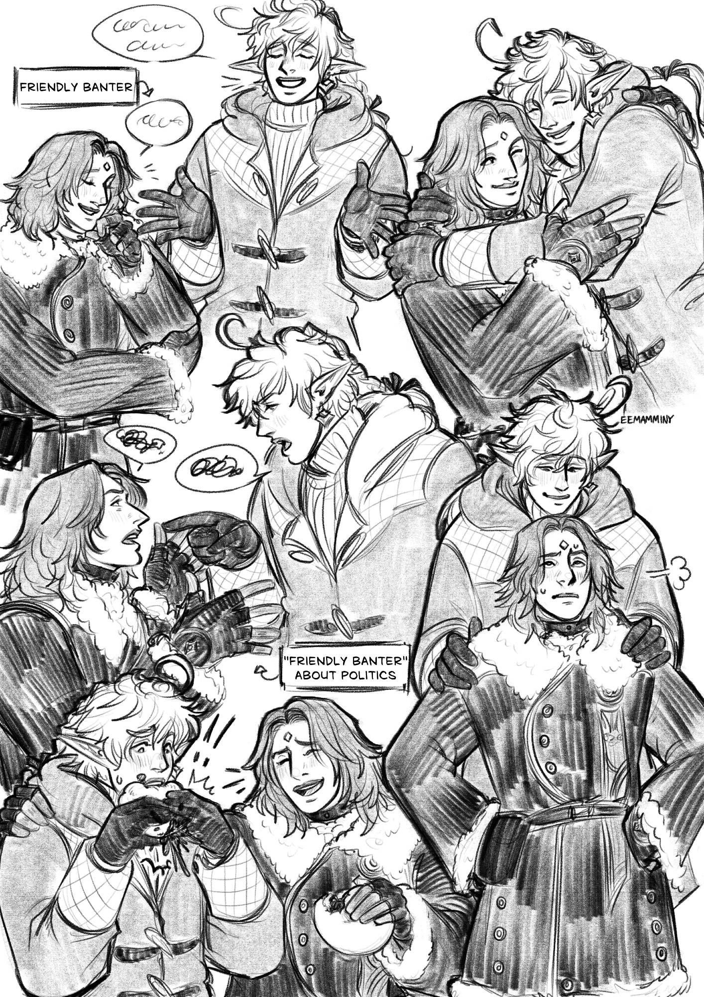 A collage of achromatic digital sketches of an aged up, taller Alphinaud and Jullus. They are in various poses together, talking together, hugging, and sharing azim steppe steamed buuz while Alphinaud spills it all over himself. Alphinaud is wearing his winter coat, and is about two heads taller than Jullus.