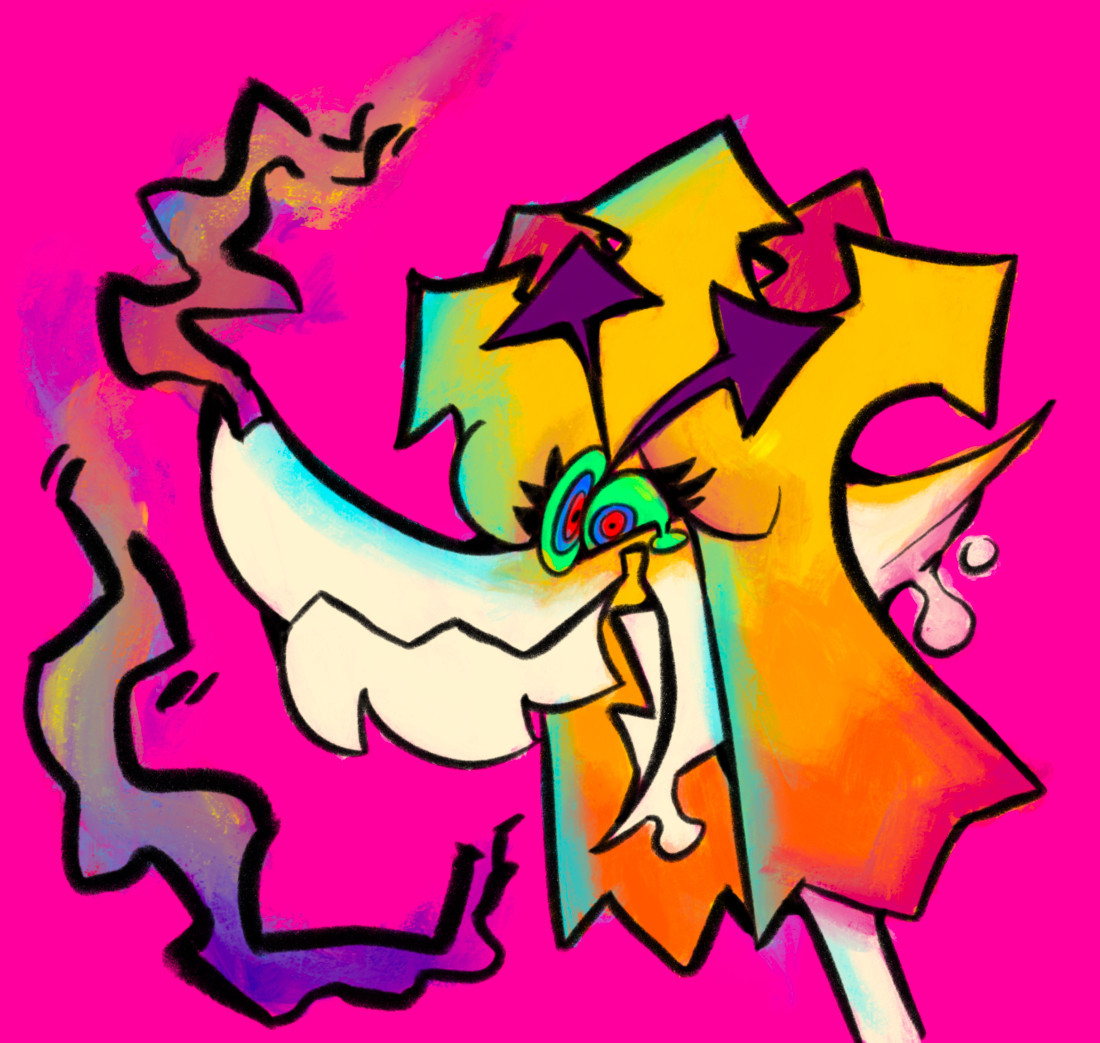 An anthropomorphic creature with drawn in a graffiti-like style. She has a crazed look on her face. She has crazed, multi colored eyes and sharp multi colored fumes emitting from her mouth and nose. Her eyebrows are arrow shaped as is her hair. She has sharp teeth.