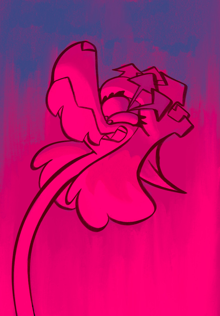 An anthropomorphic animal extending her neck upward. She has a toothy grin with a menacing look on her face being lit by various magenta and pink hues.