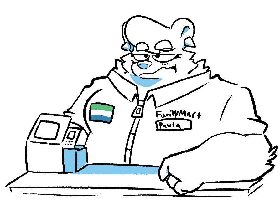 An anthropomorphic female polar bear in a Family Mart uniform. Text on uniform reads "Family Mart. Paula" 