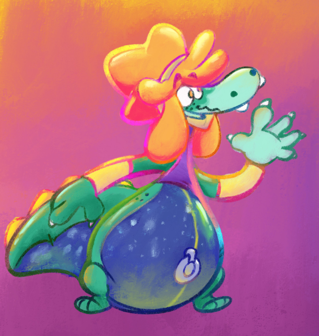 An anthropomorphic pooltoy dinosaur with bright orange hair, green scaled, a purple shirt, and orange arm warmers. She is drawn over a purple and orange gradient background.