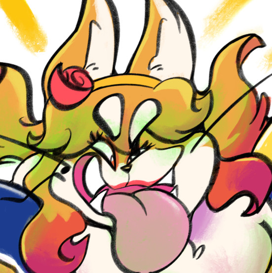 An anthropomorphic fox woman sticking out her oversized tongue inspired by Paper Mario. She has orange and red hair with creamy, off white fur for accents. She has a rose in her hair and an orange headband, as well as whiskers off the side of her head and a beauty mark on her cheek.