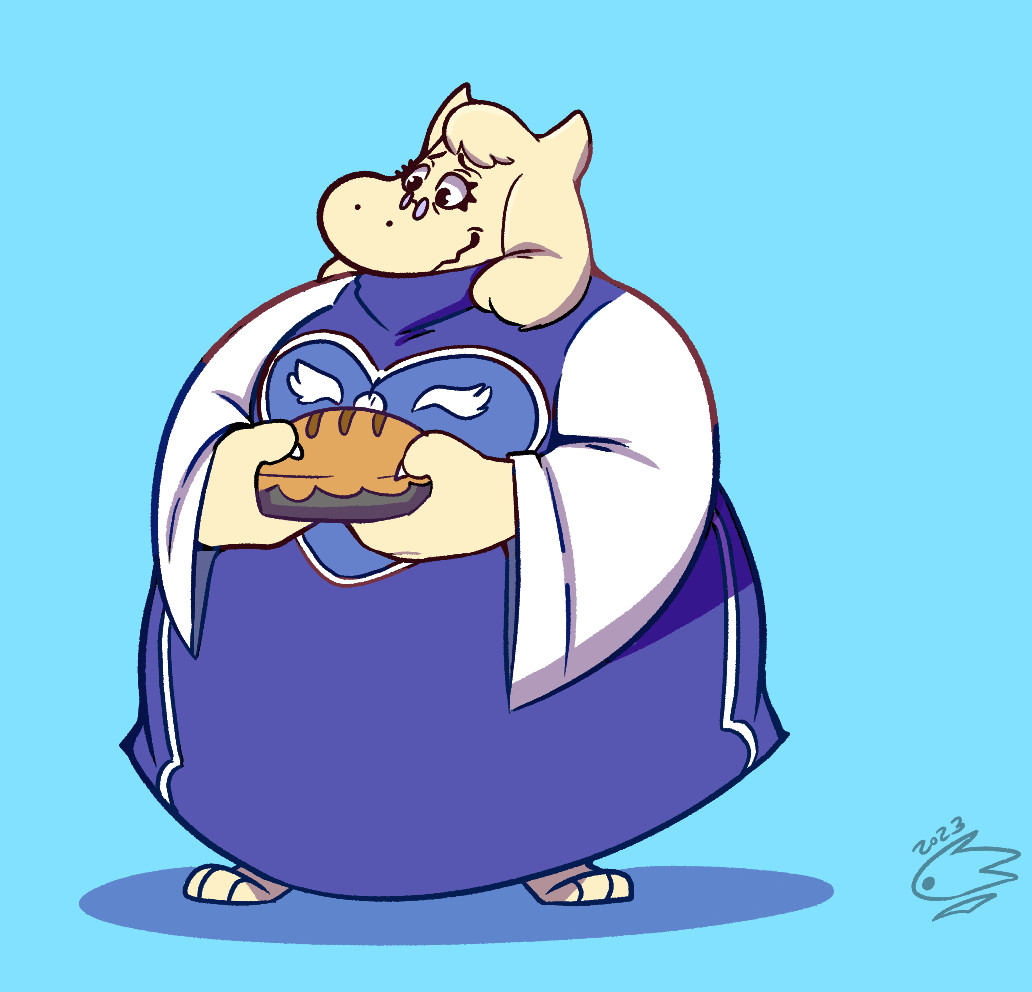 Toriel from Undertale holding a pie. She is imposed over a cyan background.