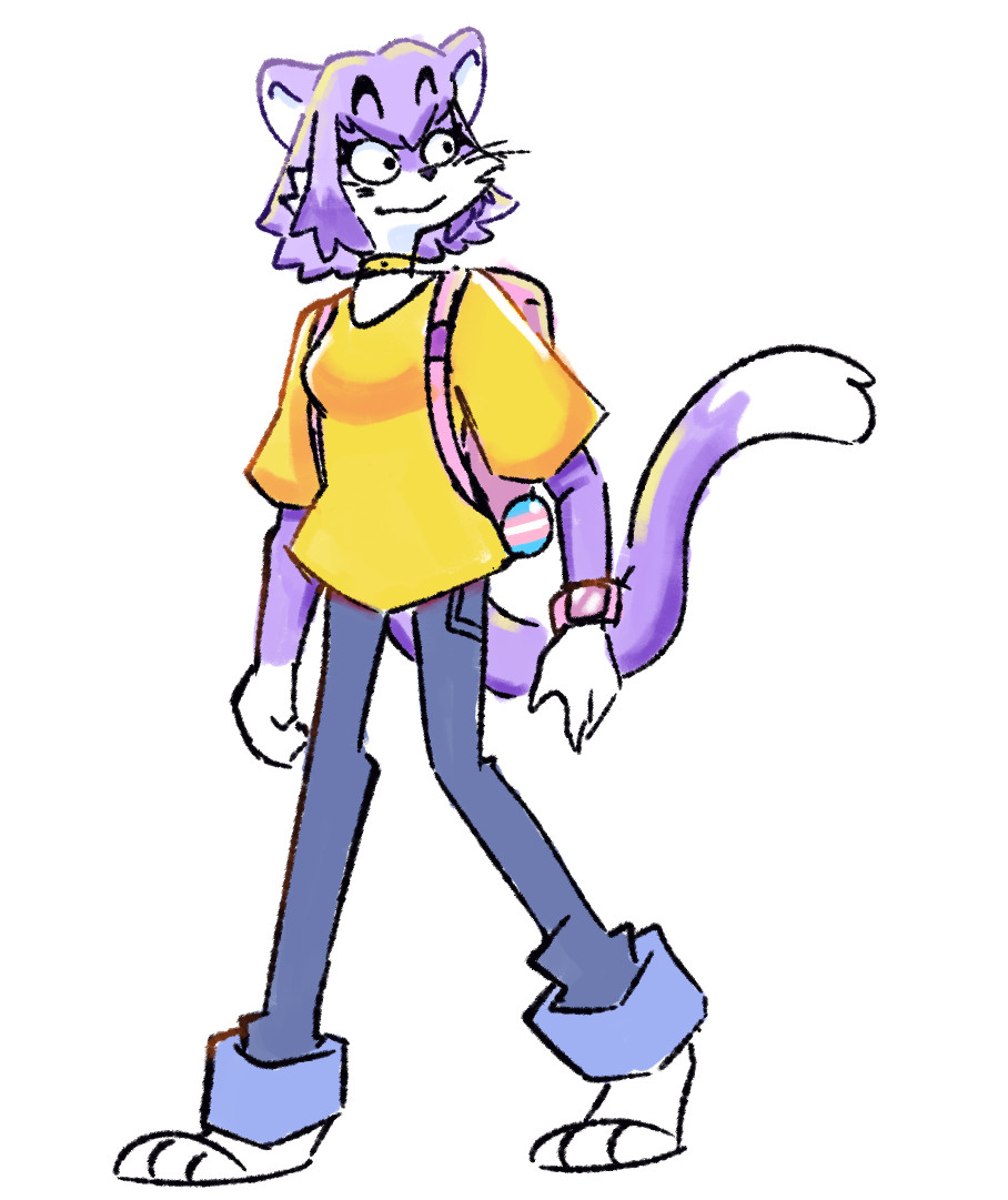 A purple cat lady in a yellow shirt and dark blue jeans. 