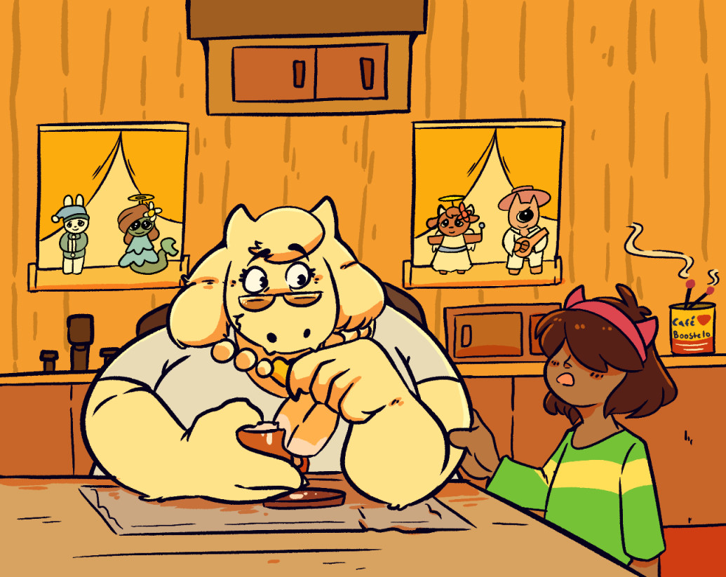 Toriel and Kris from Deltarune in their kitchen. Toriel is eating breakfast and Kris is talking to her. There are precious moment style figurines in the background.