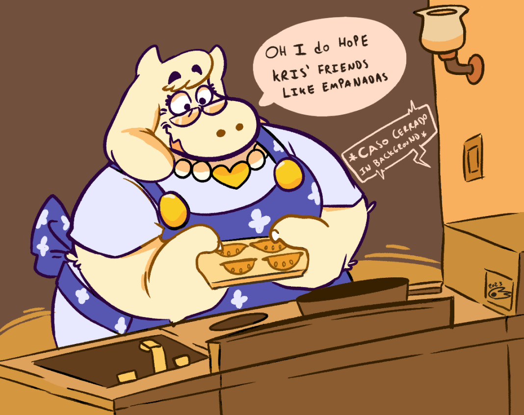 Toriel from Deltarune making empanadas with the caption "Oh I do hope Kris' friends like empanadas" and "Caso cerrado in the background"