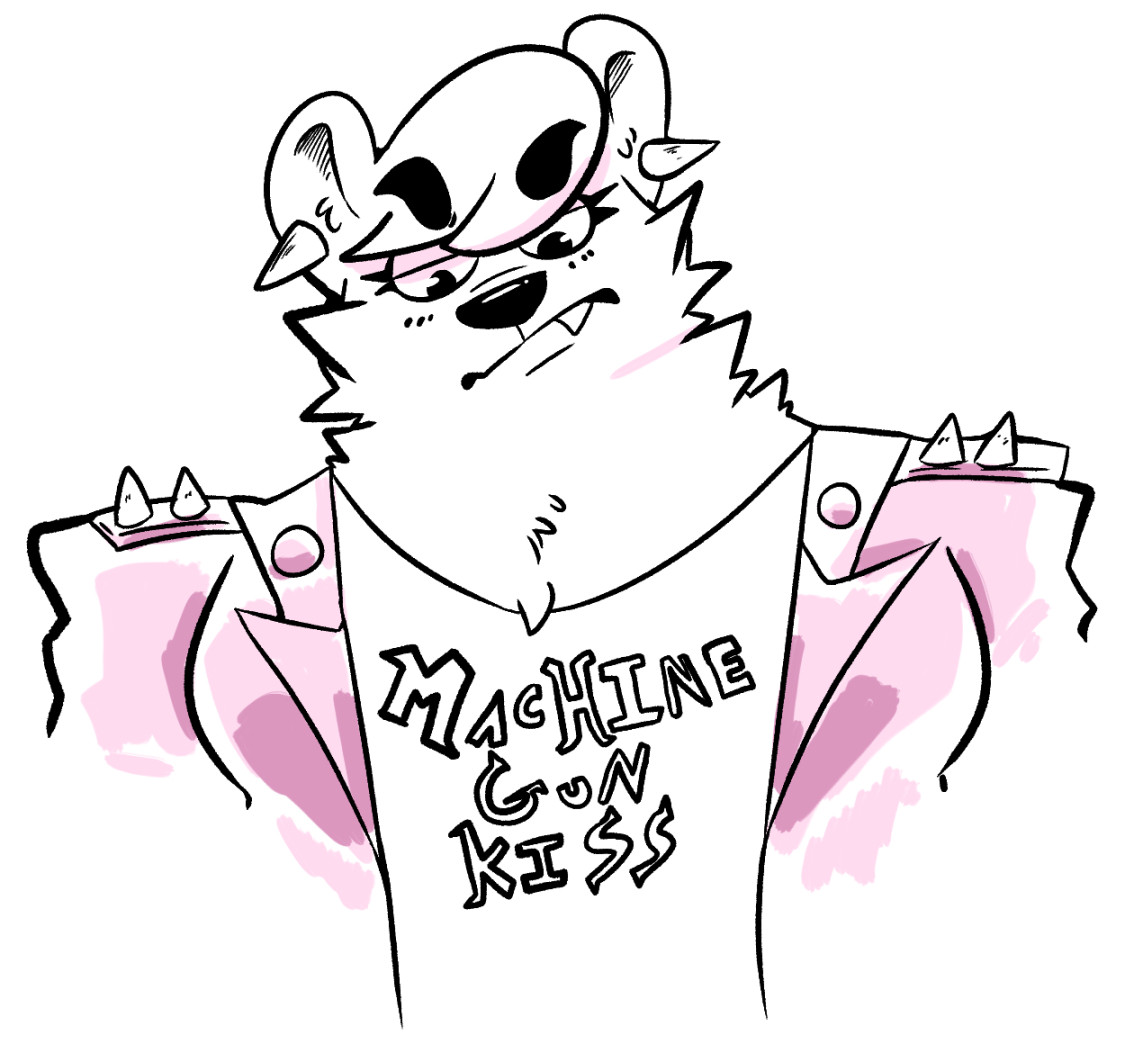 An anthropomorphic female polar bear in a leather jacket with spiked shoulders. Text on shirt reads "MACHINE GUN KISS"