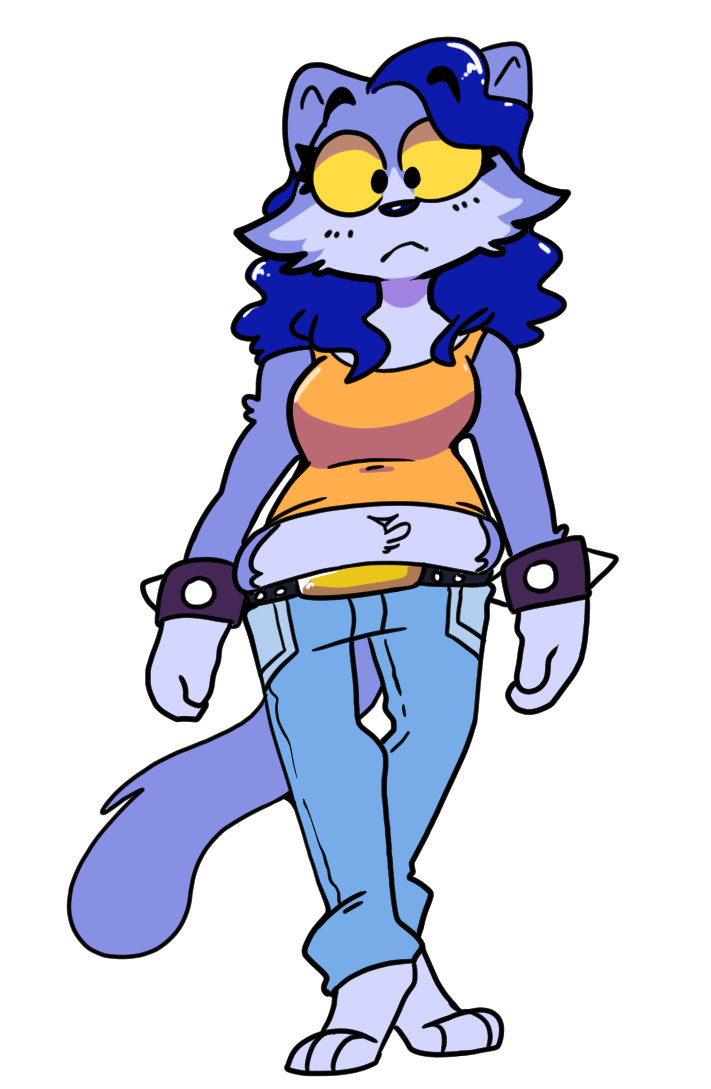 A blue cat lady in an orange tanktop and blue jeans. She has blue fur and dark blue hair. 