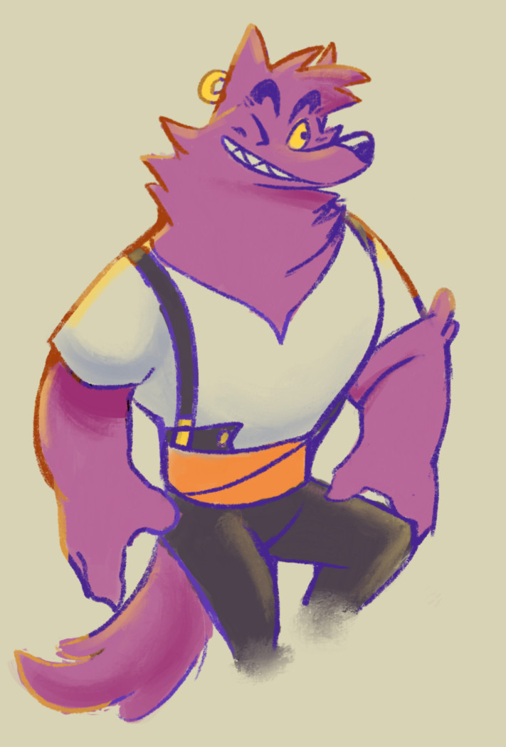 A male anthropomorphic  wolf with purple fur wearing a shirt, suspenders, with an orange sash around his waist. 