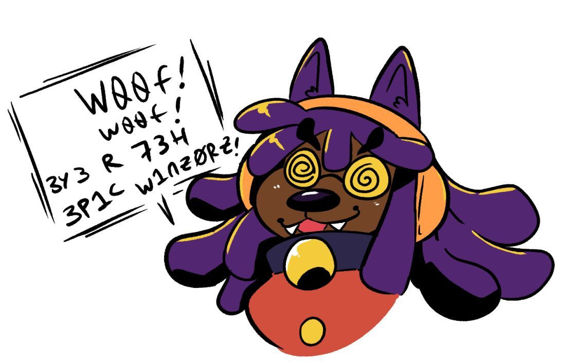 A werewolf girl with purple hair and swirly glasses saying "Woof woof I are the epic winner!" in 2000s l337 speak.