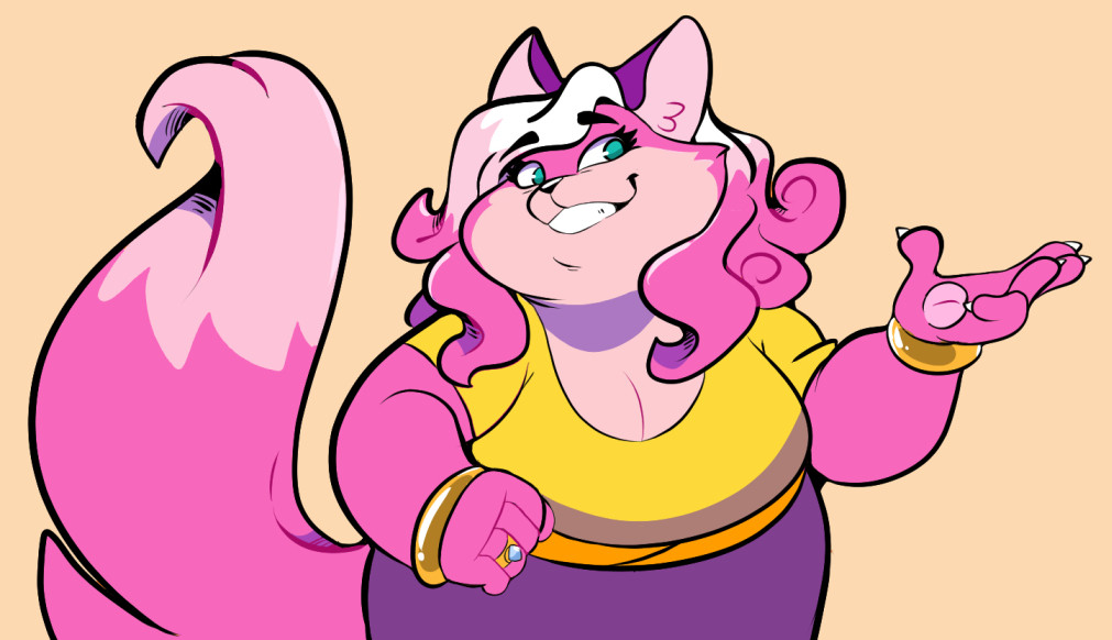 A pink fox with green eyes. She has gold bracelets and a wedding ring. Has rose pink hair with lighter pink and white accents. She is wearing a yellow shirt and a purple dress.