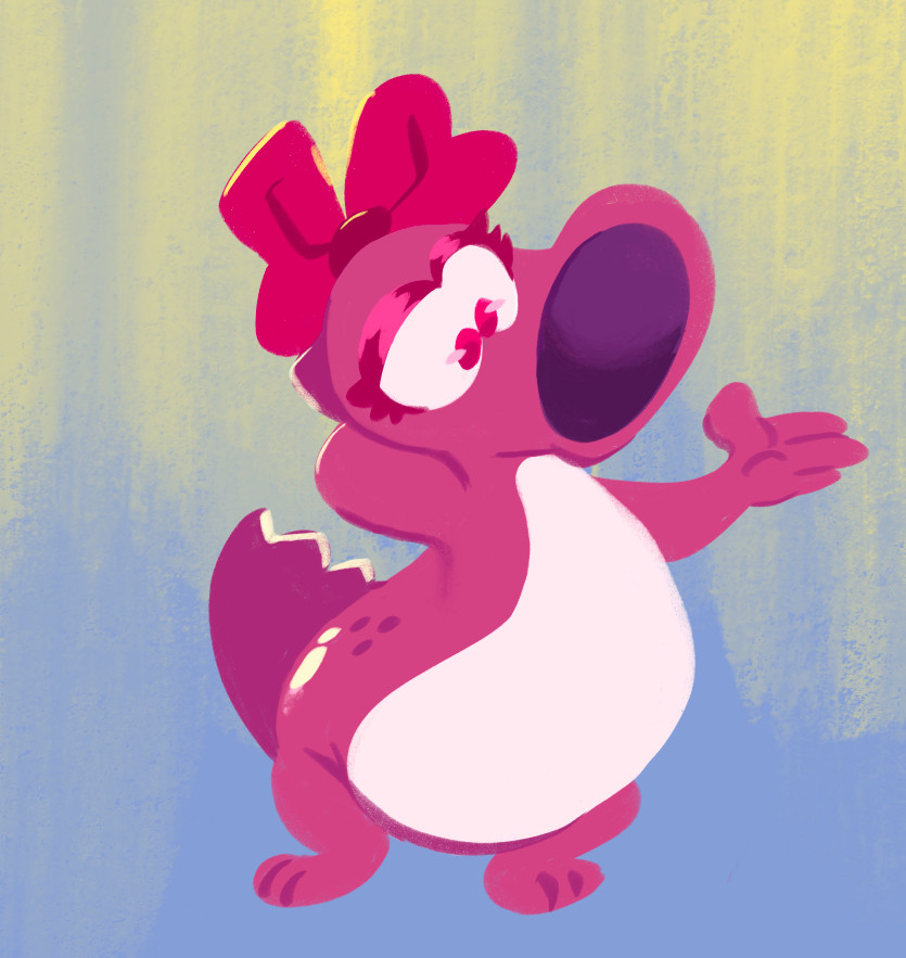 An anthropomorphic dinosaur with pink scaled and a pink bow on her head. She is Birdo from the Super Mario series. She is drawn over a blue and yellow gradient.