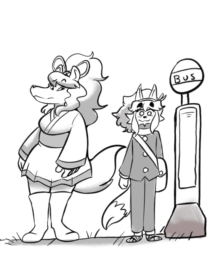 Ceroba from Undertale Yellow standing along side my oc Zeny at the bus stop. 