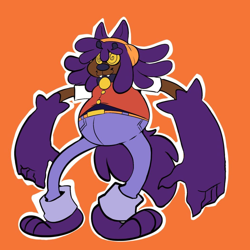 A werewolf girl with long, noodle limbs and purple fur and hair. She has orange headphones, swirly glasses, a red shirt and jeans. She is wearing a collar. 