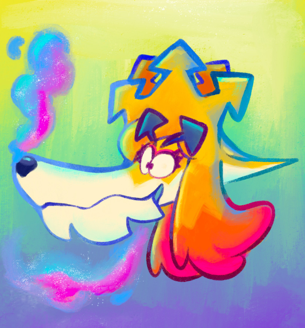 An anthropomorphic animal head imposed over a yellow, green, blue, and purple gradient. She has a multi-colored outline and colorful clouds of fumes bubbling from her mouth and nose.