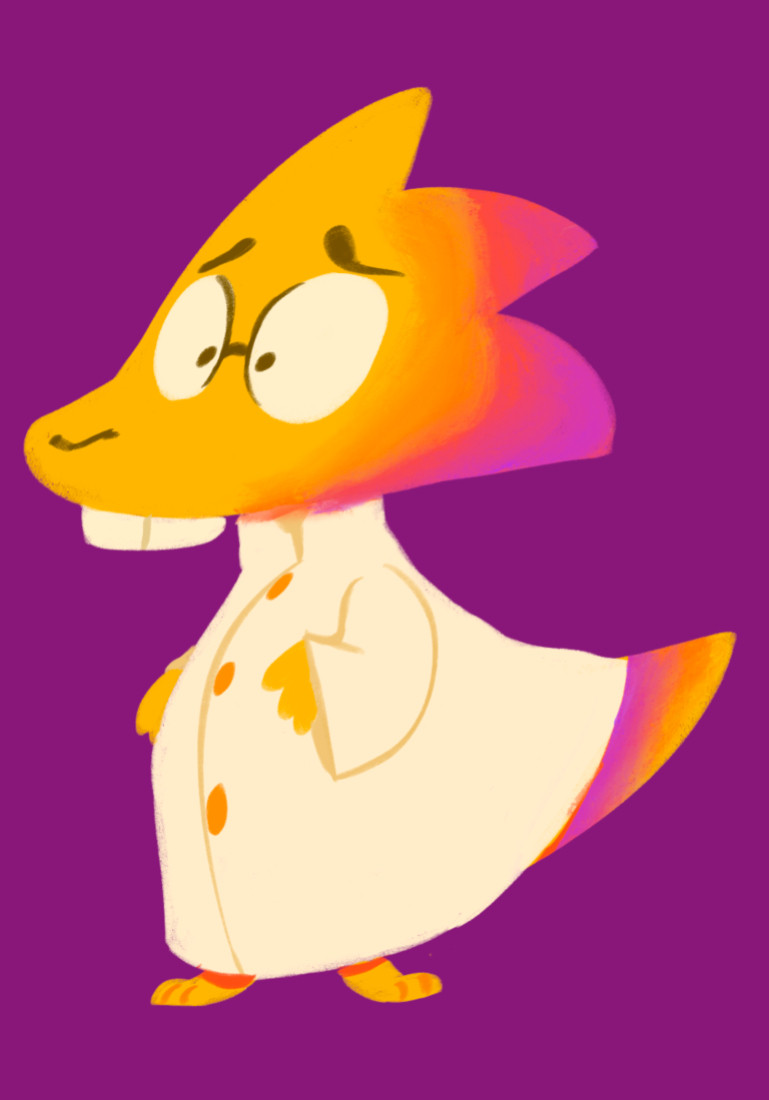 A yellow anthropomorphic dinosaur in a white lab coat. She is Alphys from the Undertale series. She has big round glasses and buck teeth. She is drawn over a purple background.