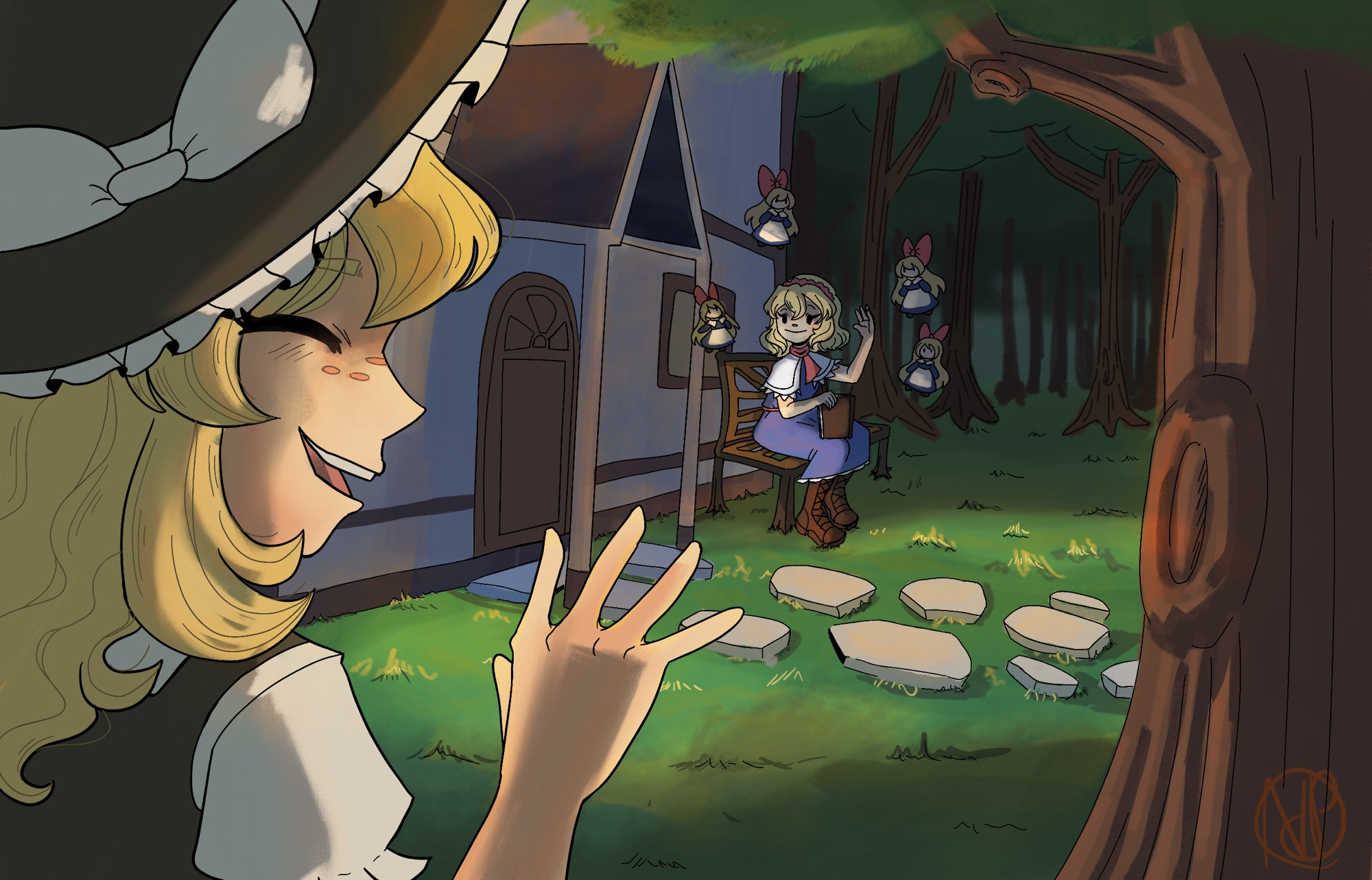 Marisa waves at Alice as she is in the middle of reading a book in the woods