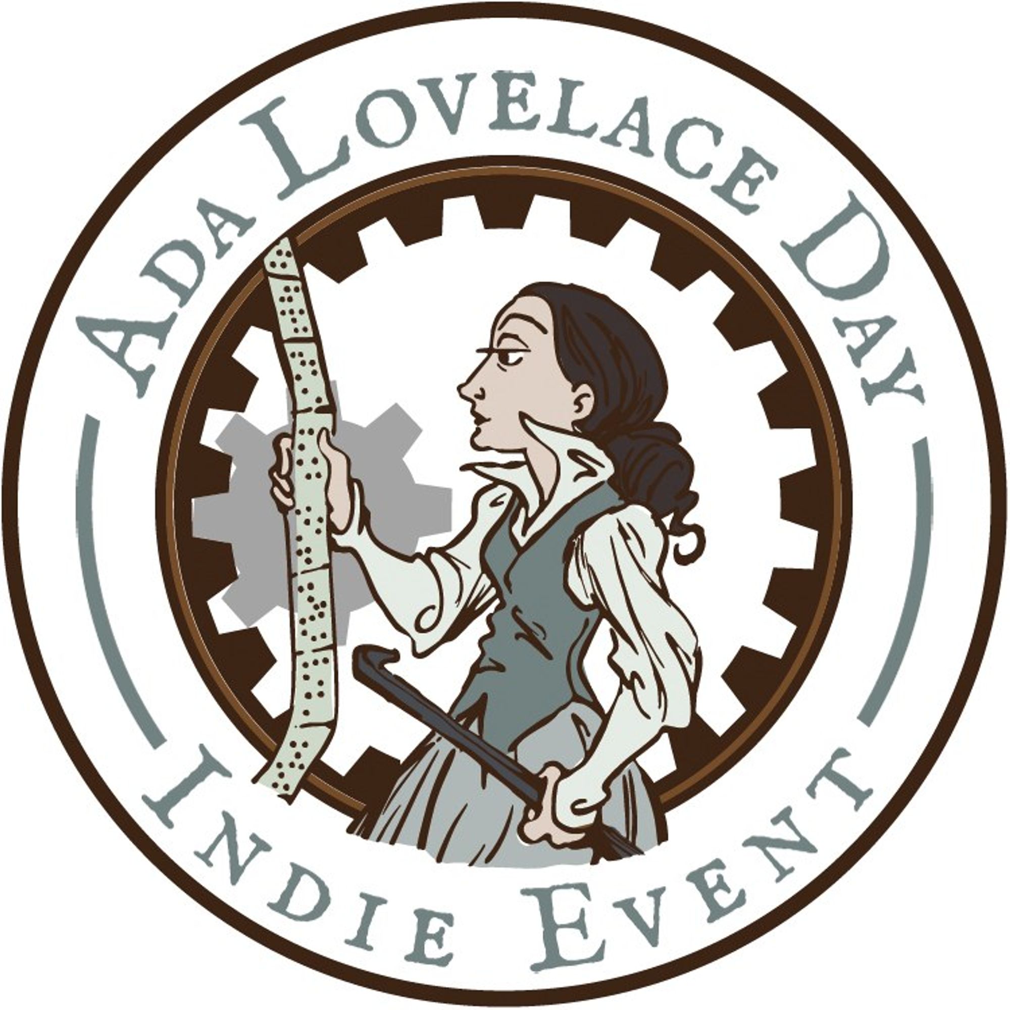 Roundel showing a cartoon version of Ada Lovelace by Sydney Padua, with the words 'Ada Lovelace Day Indie Event'.