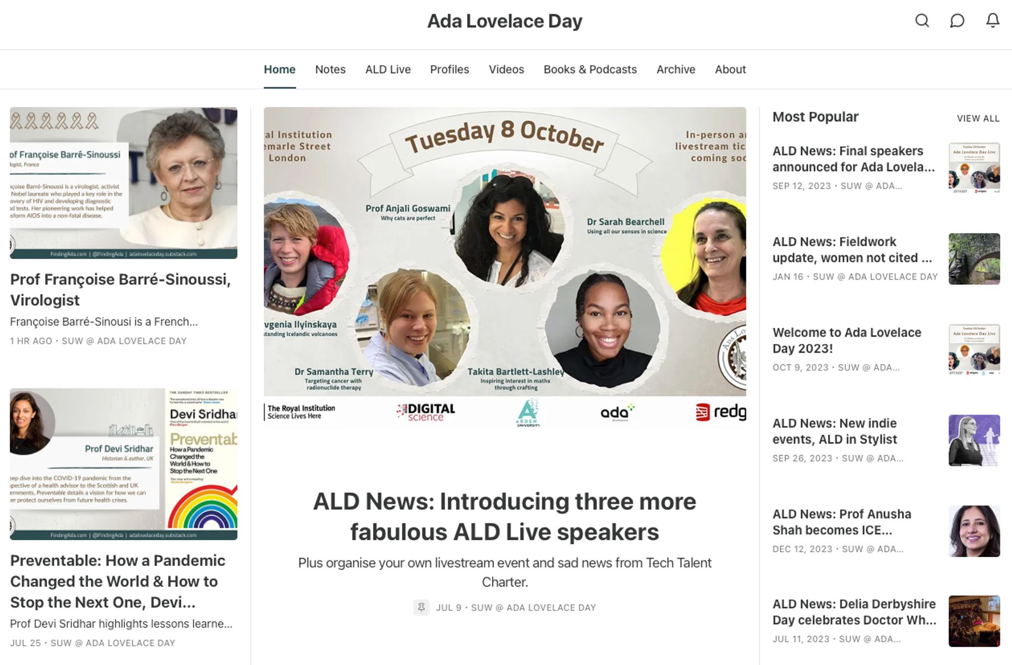 Screenshot of the Ada Lovelace Day newsletter home page