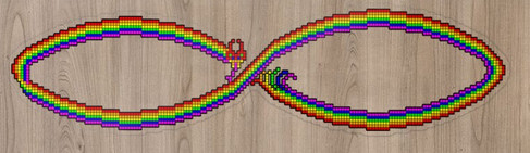 Transparent sticker of Rainbow Infinity Pixel Dragon- a pixel Dragon in an infinity loop in a six-tone rainbow. Tail ends in a fringe with each color separating, head has red face and horns, orange mouth interior, yellow fangs, green eyes, blue nostrils, and a purple forked tongue.