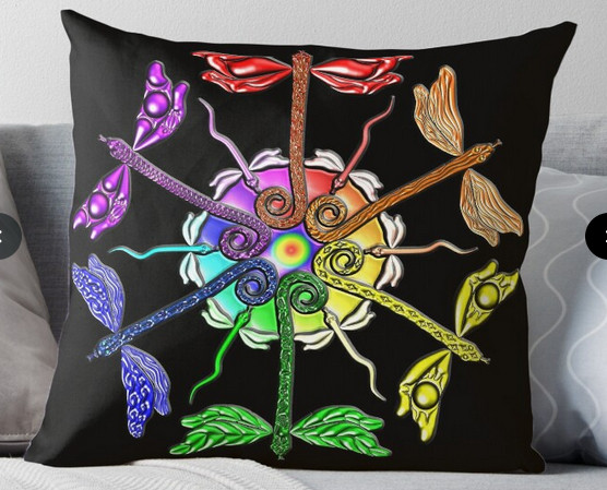 Black square throw pillow with Elemental Pixie Dragon Stained Glass Mandala- A gleaming stained glass mandala of adult and baby Pixie Dragons with python bodies and dragonfly wings, six of each in rainbow colors. The adults all have elemental designs.

Red- flame- the scales are flames all the way down the back.

Orange- sand, with rippling stippled waves down the body.

Yellow- sun, with diamond-shaped stars down the body.

Green- leaves- leaf wings and different leaves down the body.

Blue- water- waves on the wings, droplets down the body

Purple- moons- a triple moon symbol on top wings, ringed planet with moons on bottom wings, crescent moon scales.