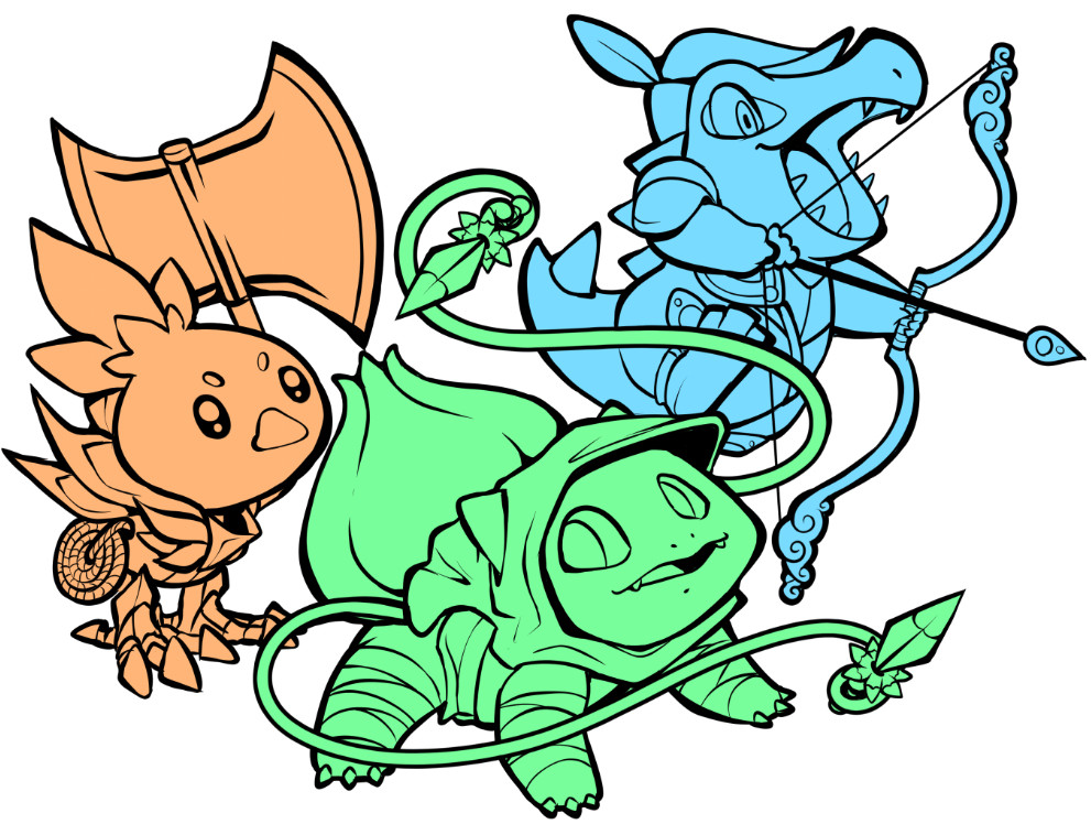 A group of three Pokemon in archetypal RPG class costumes. A Torchic barbarian, a Bulbasaur rogue and a Totodile ranger. The torchic wears spiky armor and carries a rope at his side. The bulbasaur has a hood, daggers, and athletic tape. The Totodile jumps in a firing motion and holds a bow, wears a paldron and an archer's cap. The Pokemon are flatly colored orange, green and blue respectively.