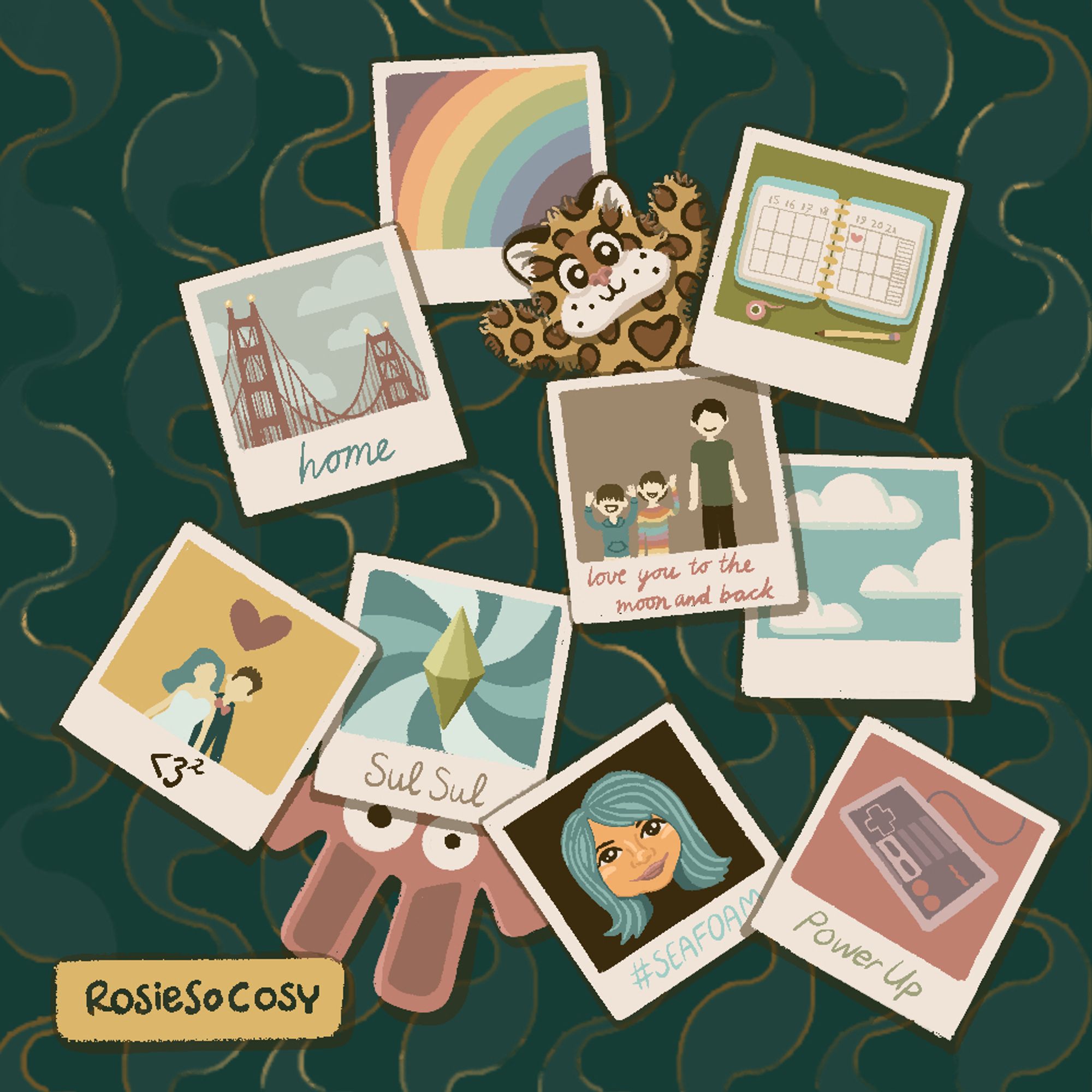 Illustration of a stack of polaroid photographs. Top to bottom, left to right: a polaroid of the rainbow, then a leopard plushie called Junior, a polaroid of a ringbound planner, polaroid of the Golden Gate Bridge, polaroid of 3 boys, polaroid of a blue sky with white clouds, polaroid of a married couple, her with seafoam hair and him with dark brown hair, polaroid of a Sims plumbob, polaroid of Rosie with seafoam hair, polaroid with a NES controller, and finally a pink Freezer Bunny peeping out from underneath the plumbob polaroid.