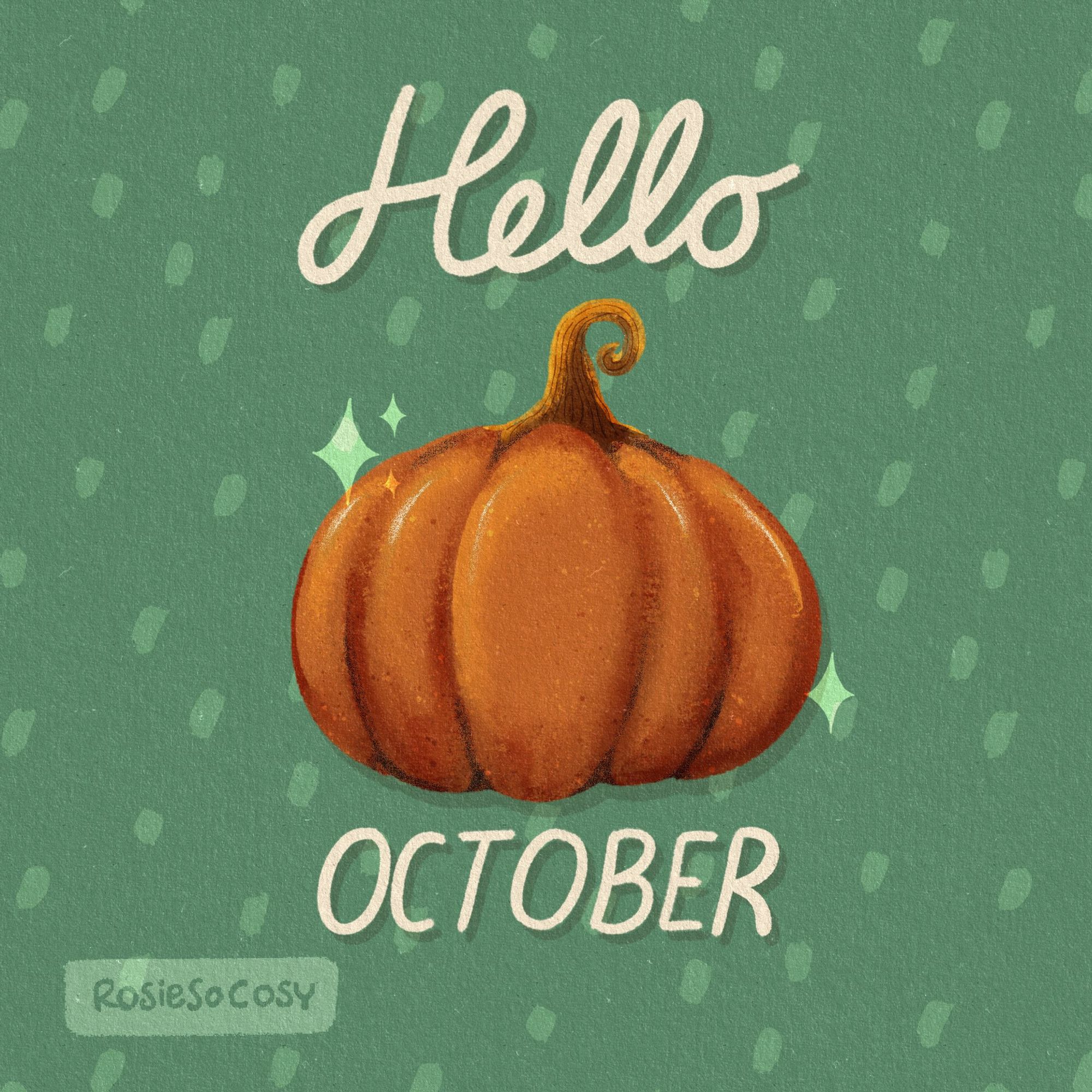 An illustration of an orange pumpkin on a seafoam background. Above the pumpkin is text that says “Hello” and below the pumpkin it says “OCTOBER”