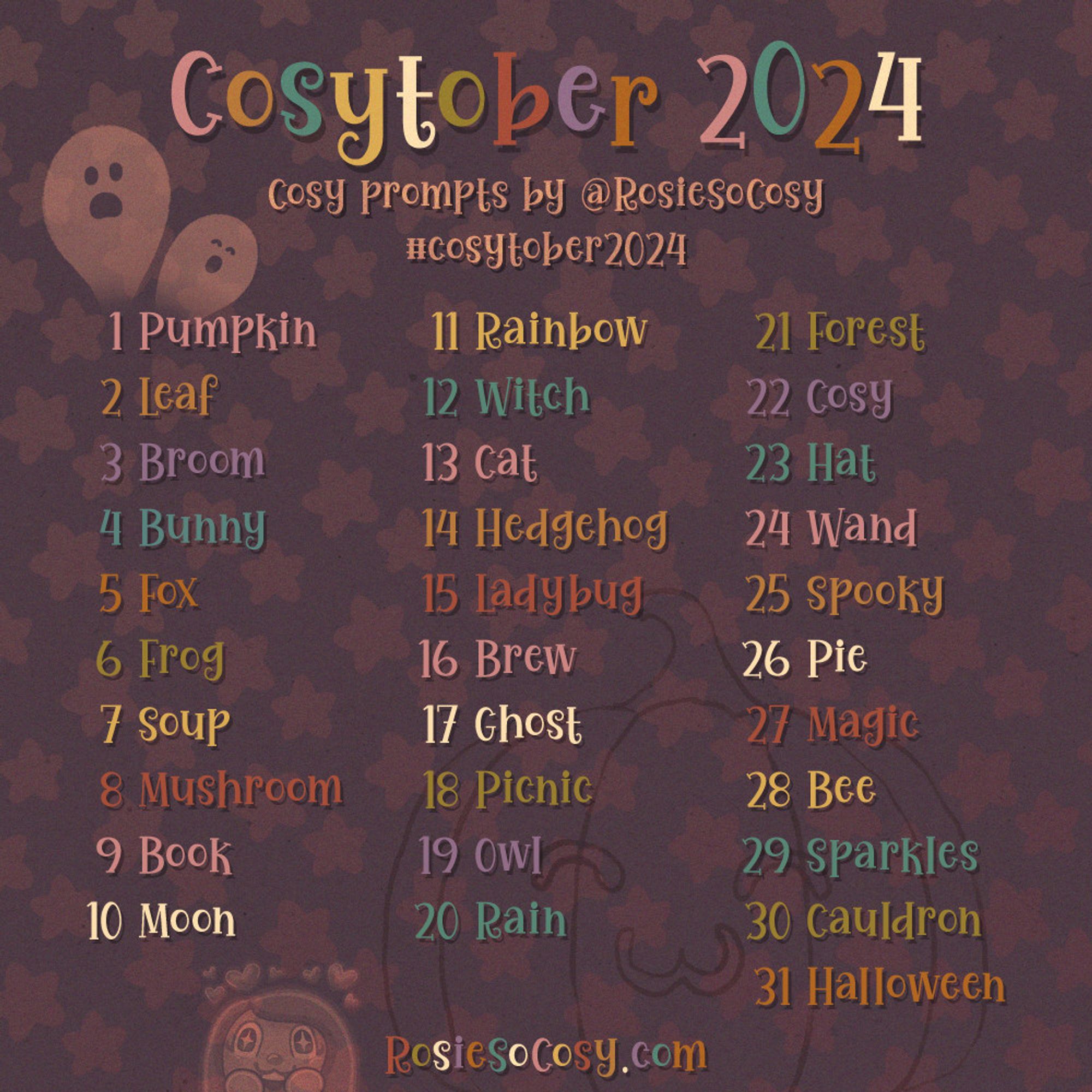 Cosytober 2024 art prompt list, as an alternative for Inktober.