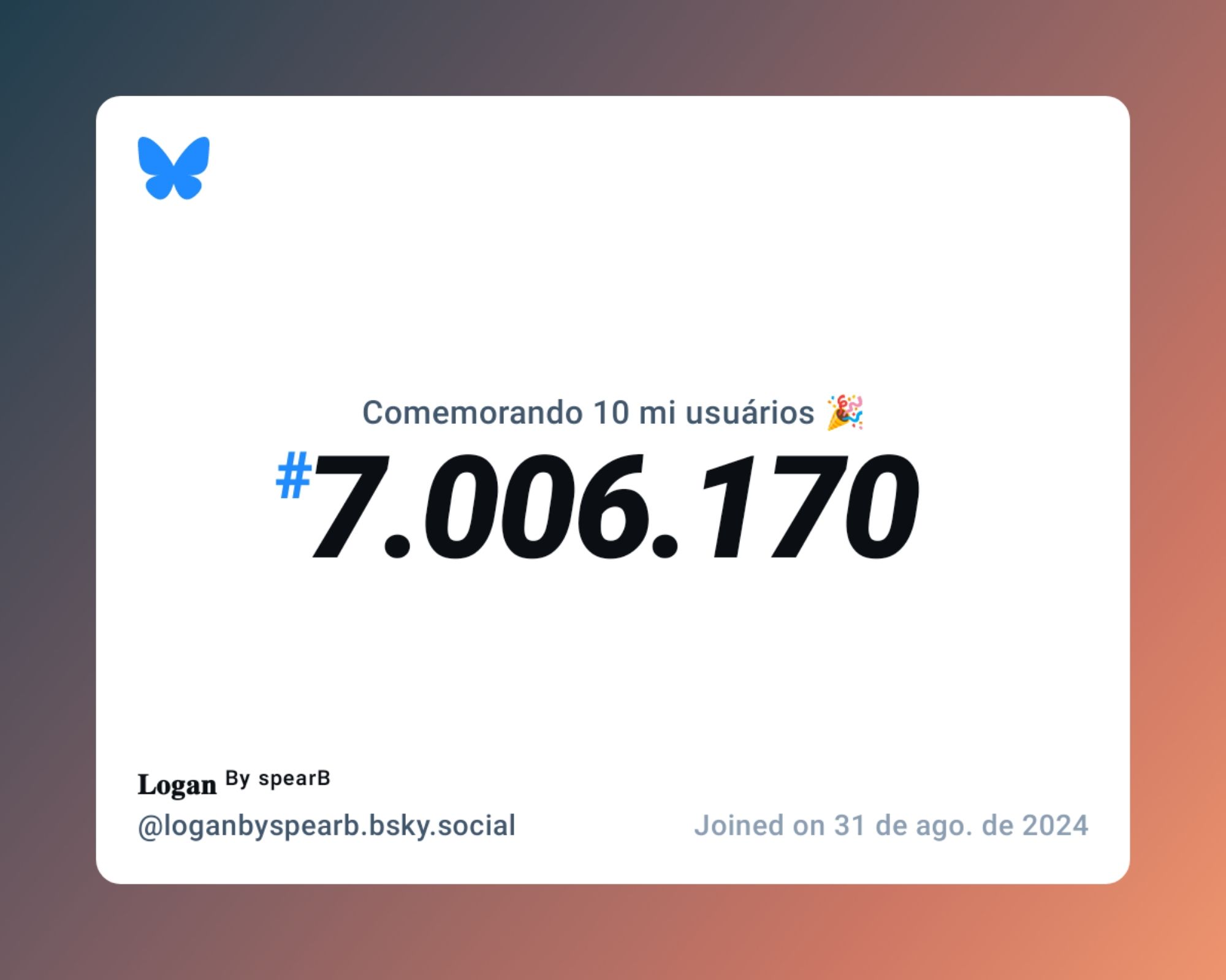 Um certificado virtual com o texto "Comemorando 10 milhões de usuários no Bluesky, #7.006.170, 𝐋𝐨𝐠𝐚𝐧 ᴮʸ ˢᵖᵉᵃʳᴮ ‪@loganbyspearb.bsky.social‬, ingressou em 31 de ago. de 2024"