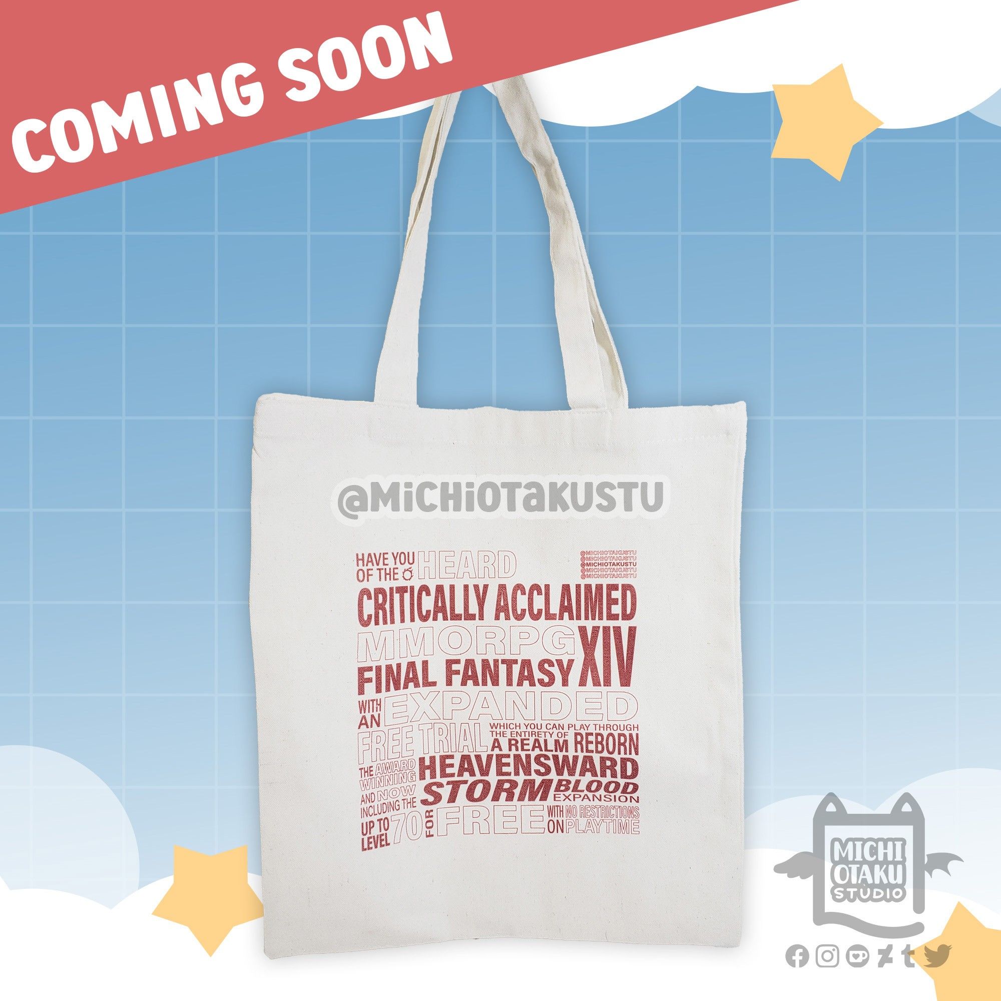 Critically Acclaimed FFXIV tote bag, red edition, COMING SOON.