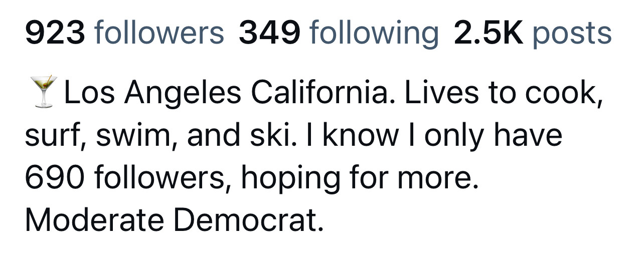 the most pathetic bio I’ve ever seen, literally asking for more followers and labeling themselves a moderate democrat 