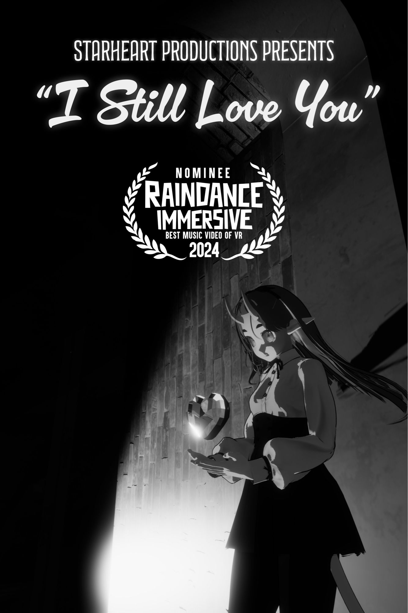 Movie poster showing Startheart in old fashioned clothes holding floating crystal heart in high contrast black and white image