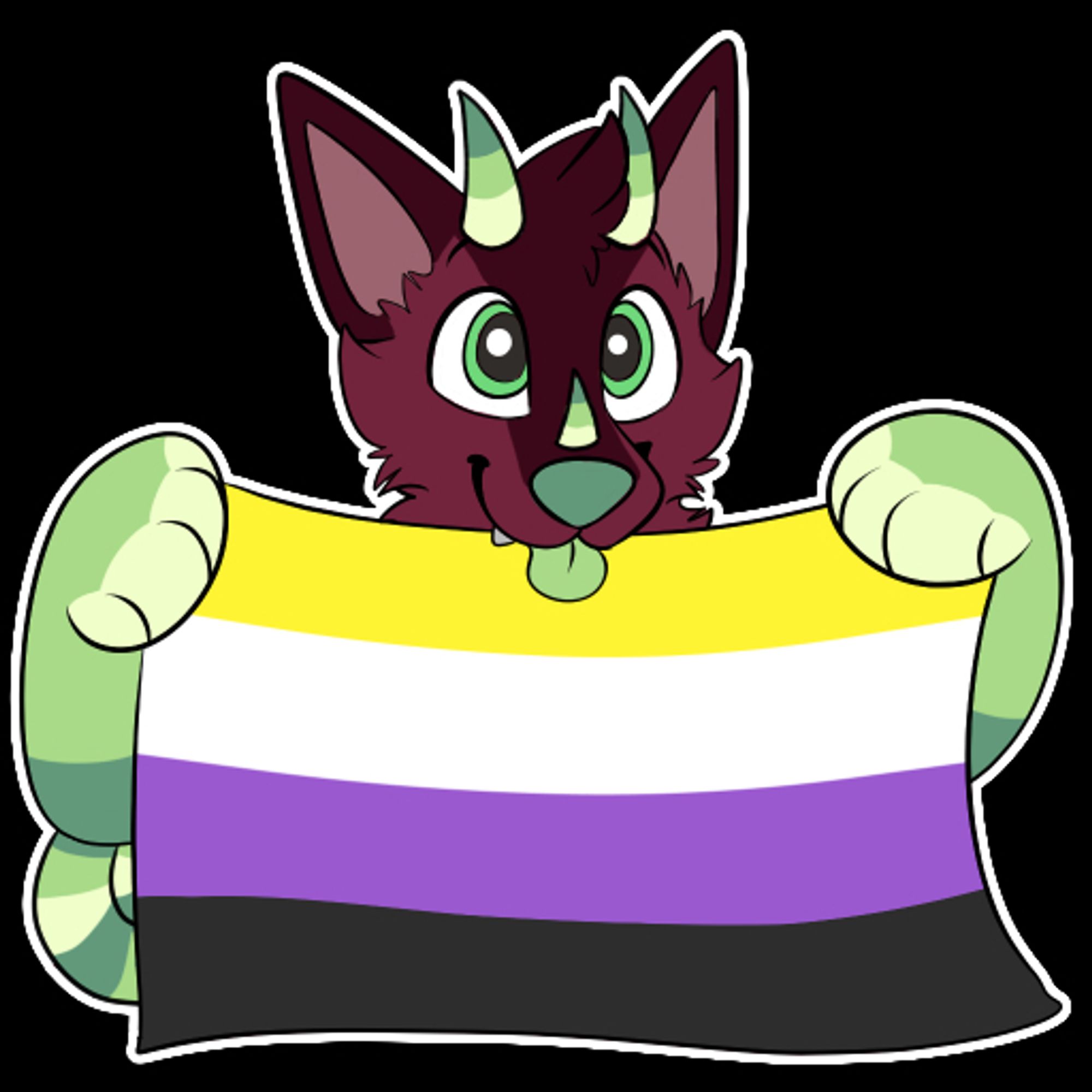 A digital sticker featuring an anthro maroon and green chameleon-red wolf hybrid furry holding up a non-binary flag. The character is smiling and making a blep with her tongue.