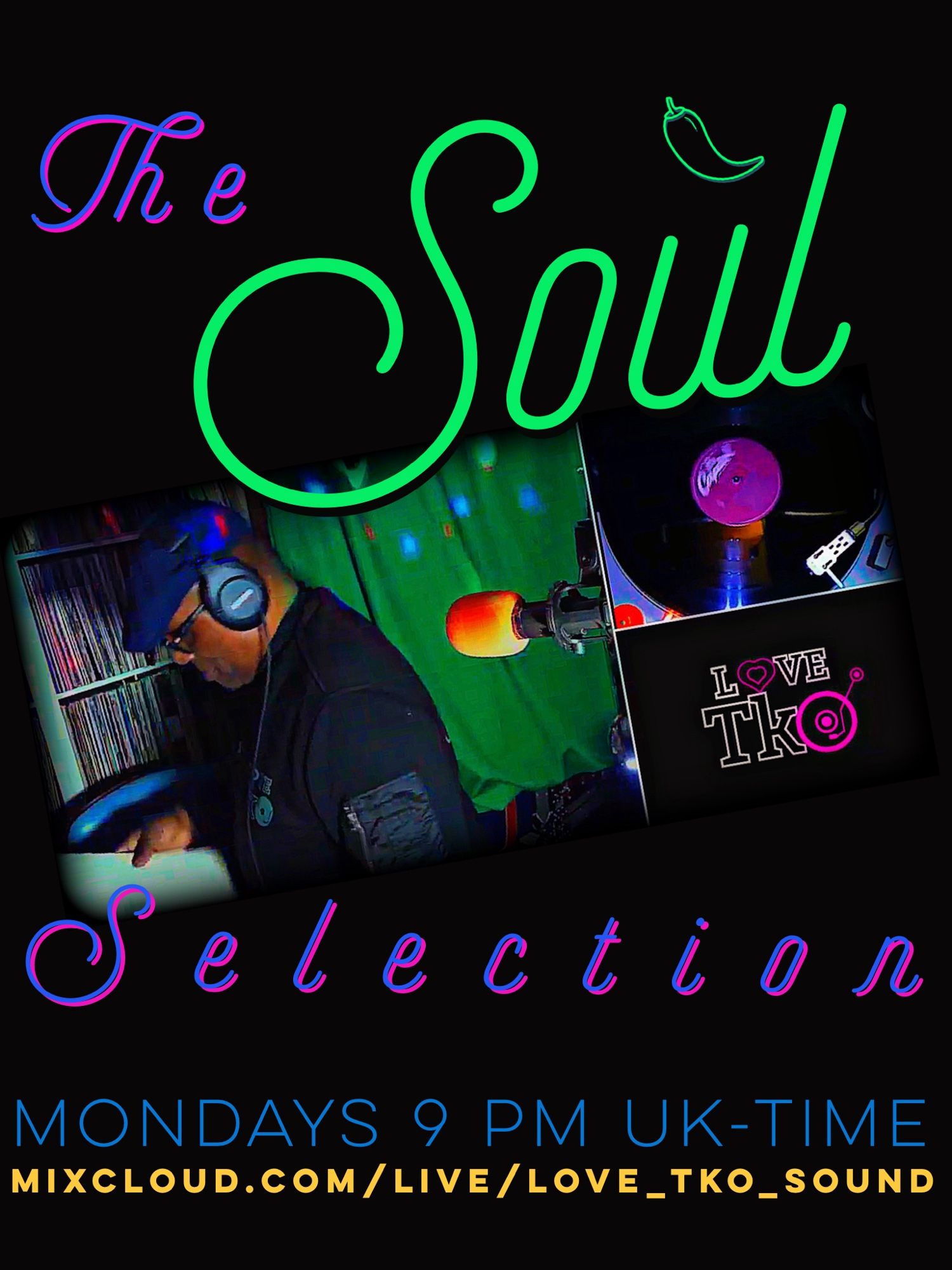 Profile Picture of Glen T of Love TKO Sound System in Front of his record shelf selecting a tune. Ad banner for tonight’s Soul Livestream Session.