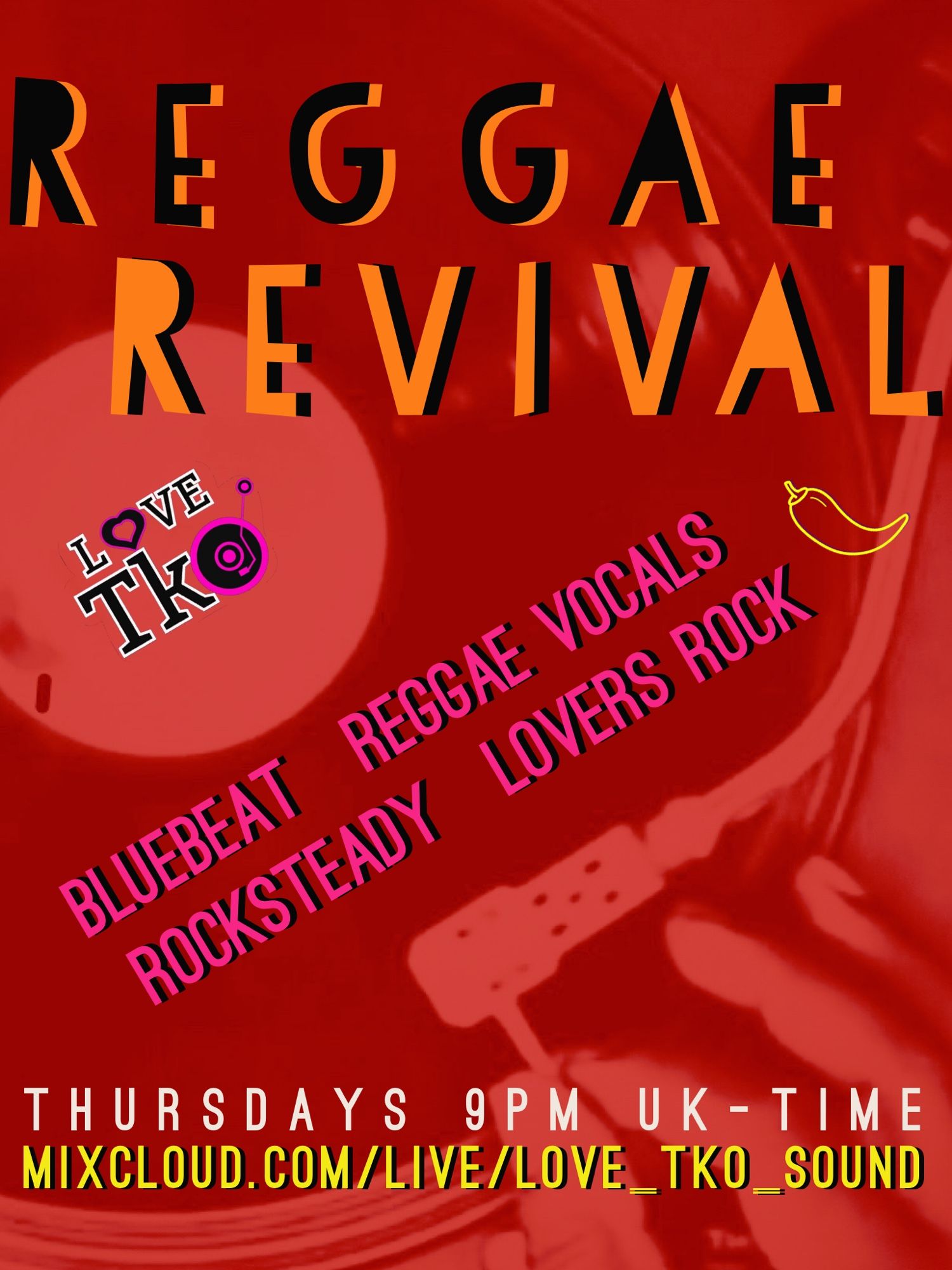 Advert banner for the Thursday Revival Reggae livestream with the DJ putting the needle on the record in the background.