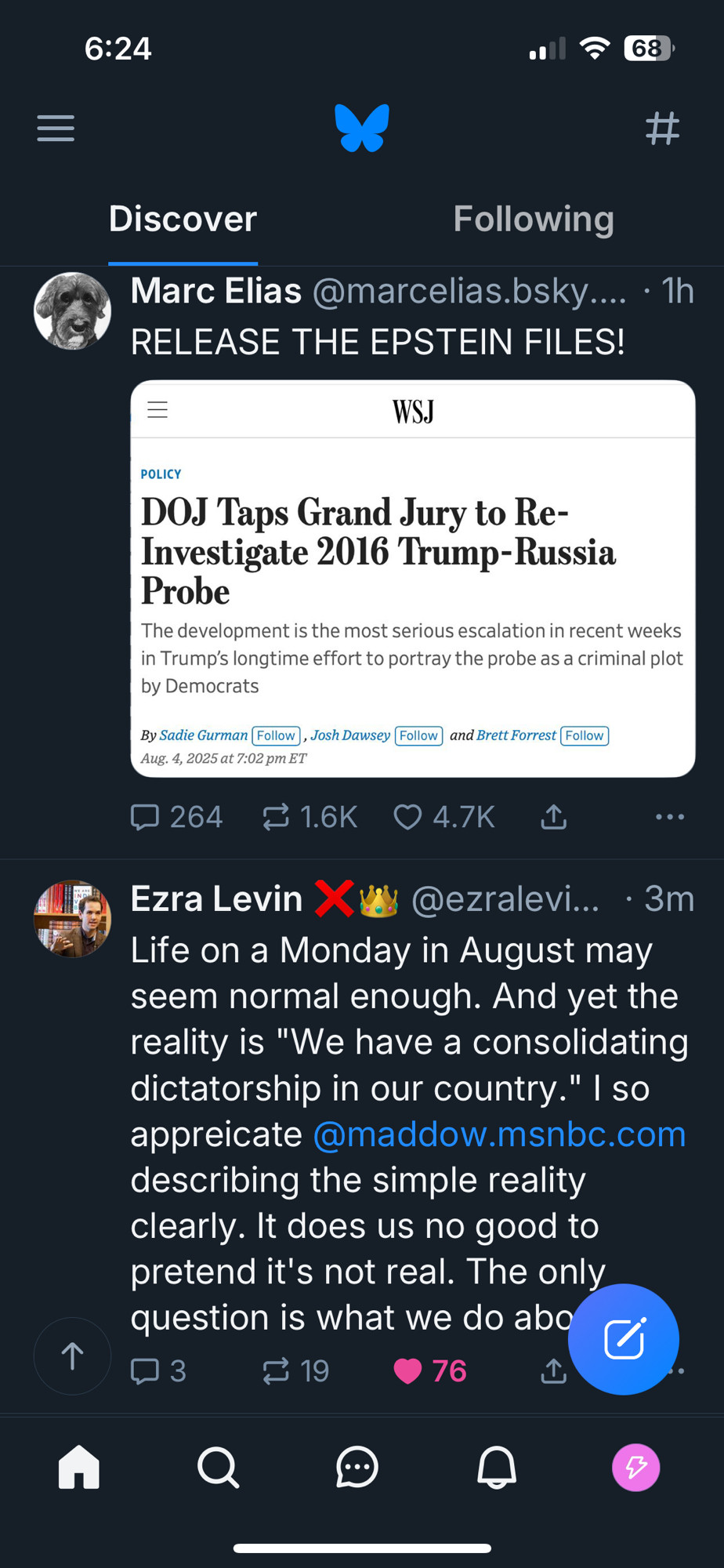 Snapshot of two posts in BlueSky. One that says DOJ taps grand jury to re-investigate 2016 Trump-Russia probe and the other one Ezra Levin quotes Rachel Maddow where she spoke to the reality of the US having a consolidating dictatorship in our country. Most importantly Ezra asks us what we will do about this reality. My answer is GENERAL STRIKE and or other forms of mass protest. 