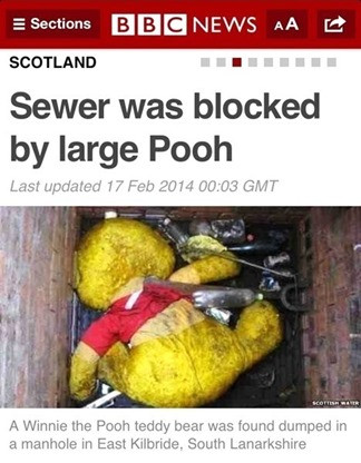 BBC News: "Sewer was blocked by large Pooh"
"A Winnie the Pooh teddy bear was found dumped in a manhole in East Kilbride, South Lanarkshire", with a photo showing a filthy, bright yellow stuffed toy stuck in a manhole. 