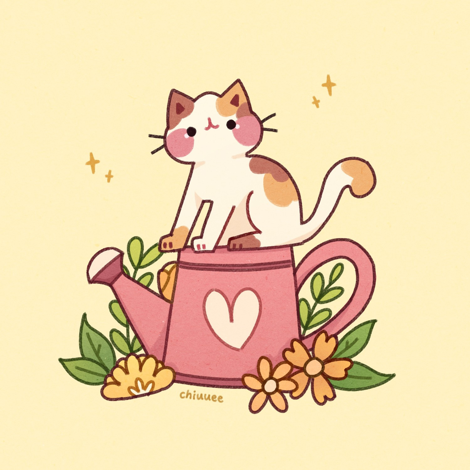 digital illustration of a calico cat sitting on top of a pink watering can which has a heartshape design in its centre. the watering can is surrounded by leaves in various green shades and a variety of pale yellow and orange flowers.