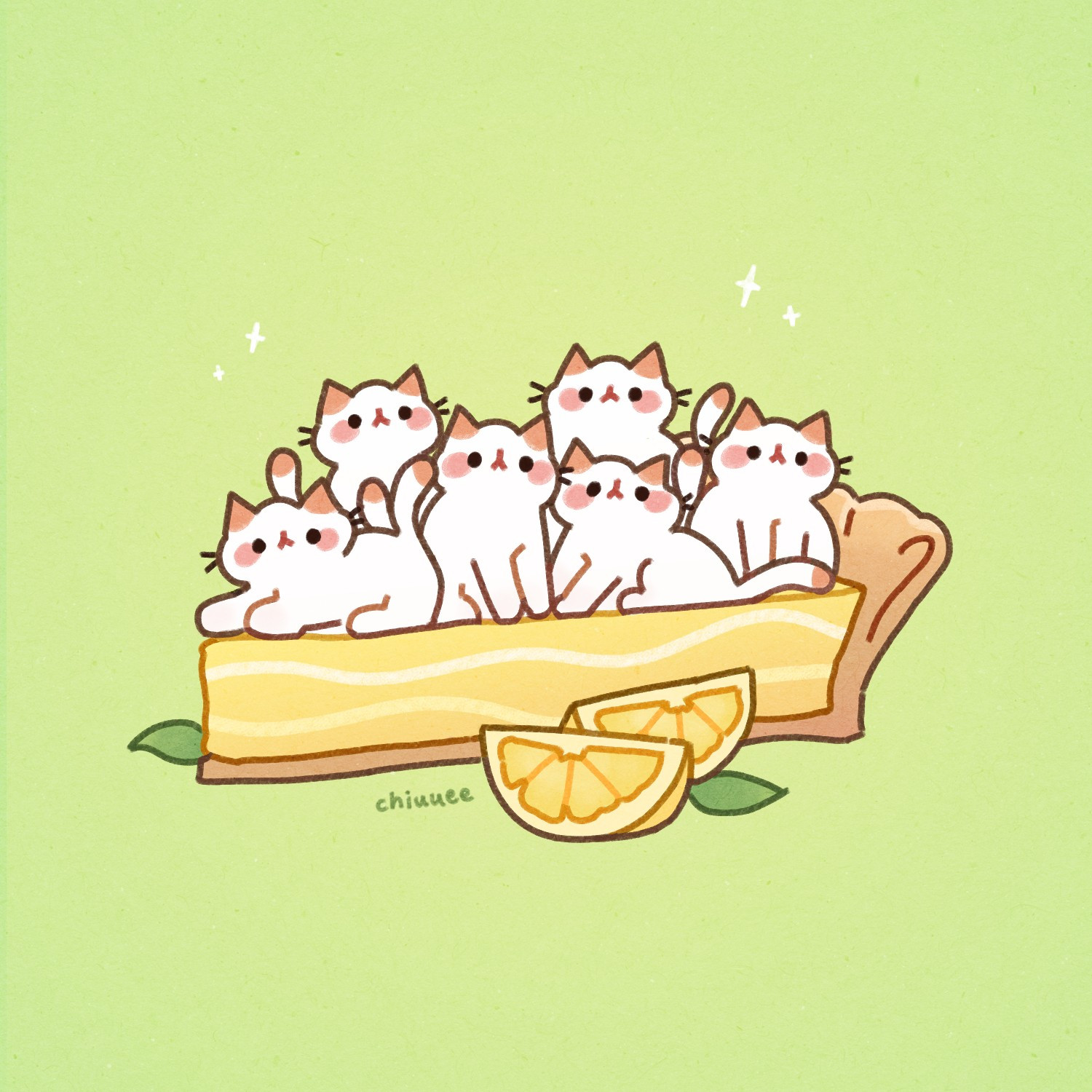 digital illustration of a lemon meringue pie, where the meringue of the pie is formed of lots of tiny white cats, with brown ears and ends-of-tails. there are two lemon slices in front of the pie and sparkles around the cats.