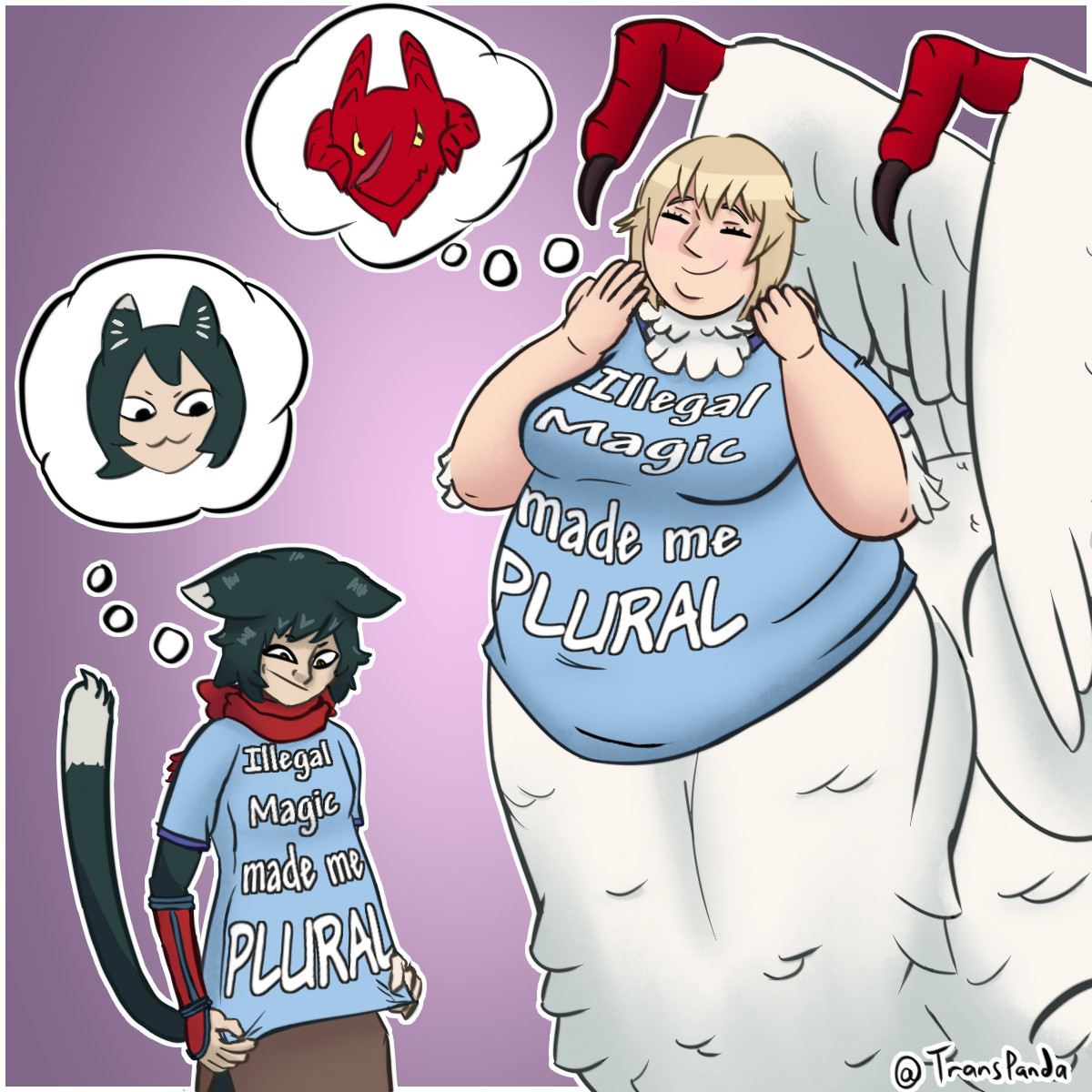 Izutsumi and a plus sized Falin (in her Chimera body) are wearing T-Shirts that say "Illegal Magic made me PLURAL". Izutsumi is tugging her shirt down and has a conflicted expression. Falin is smiling pleasantly. Thought bubbles come from each heads, showing the animal soul infused with them. Another Izutsumi head for Izutsumi, and the Red Dragon's head for Falin.