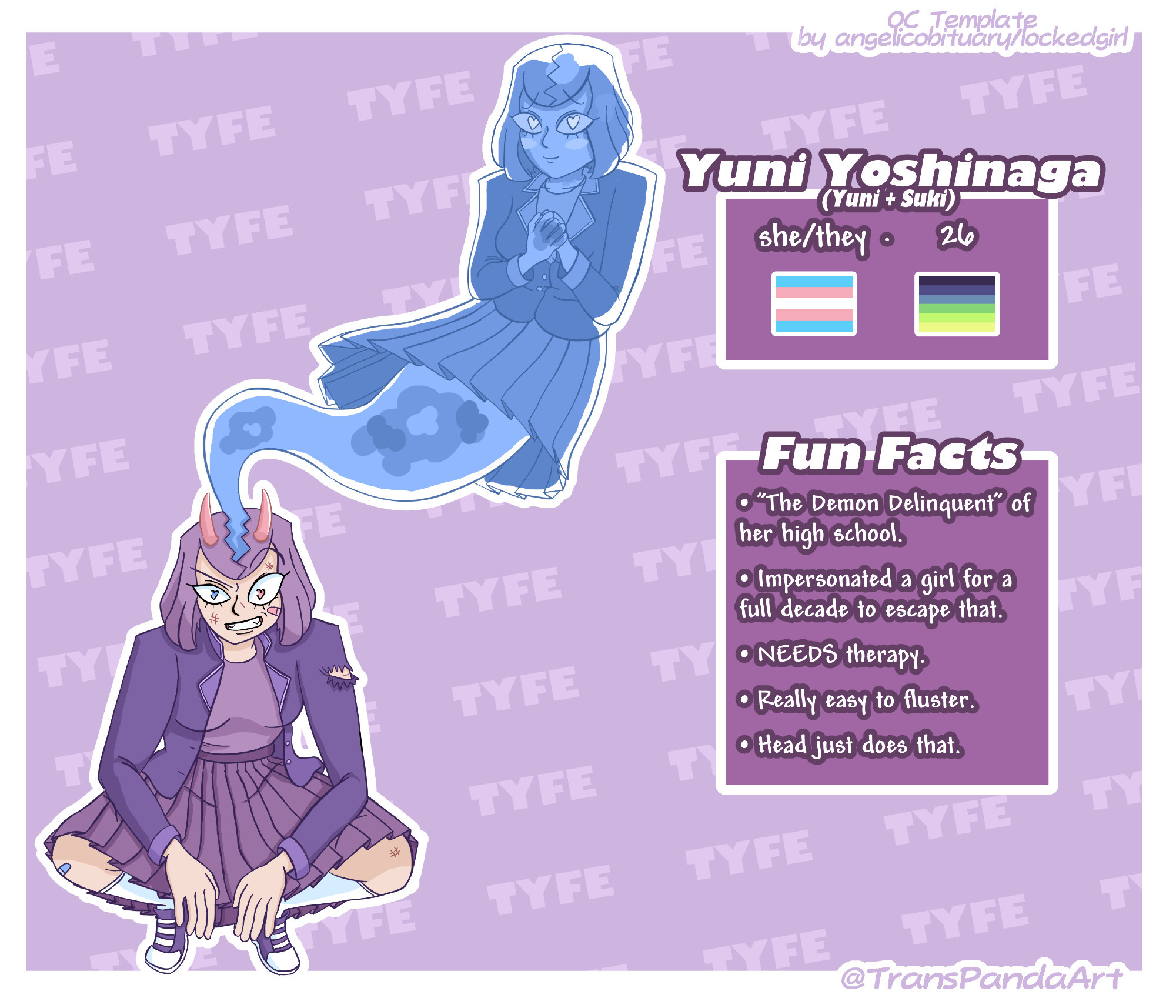 Bio for Yuni Yoshinaga, a 26 year old plural trans woman. She's a delinquent, and doing the delinquent squat as well as demon horn projections come out of her head. Coming from a crack hairline split in her head is a projection of a more feminine, sweet alter. She's floating above her calmly. That is "Suki Fujisaki". Both have heart eyes.
The Fun Facts listed are: 1. "The Demon Delinquent" of her high school. 2. Impersonated a girl for a full decade to escape that., 3. NEEDS therapy., 4. Really easy to fluster., 5. Head just does that.