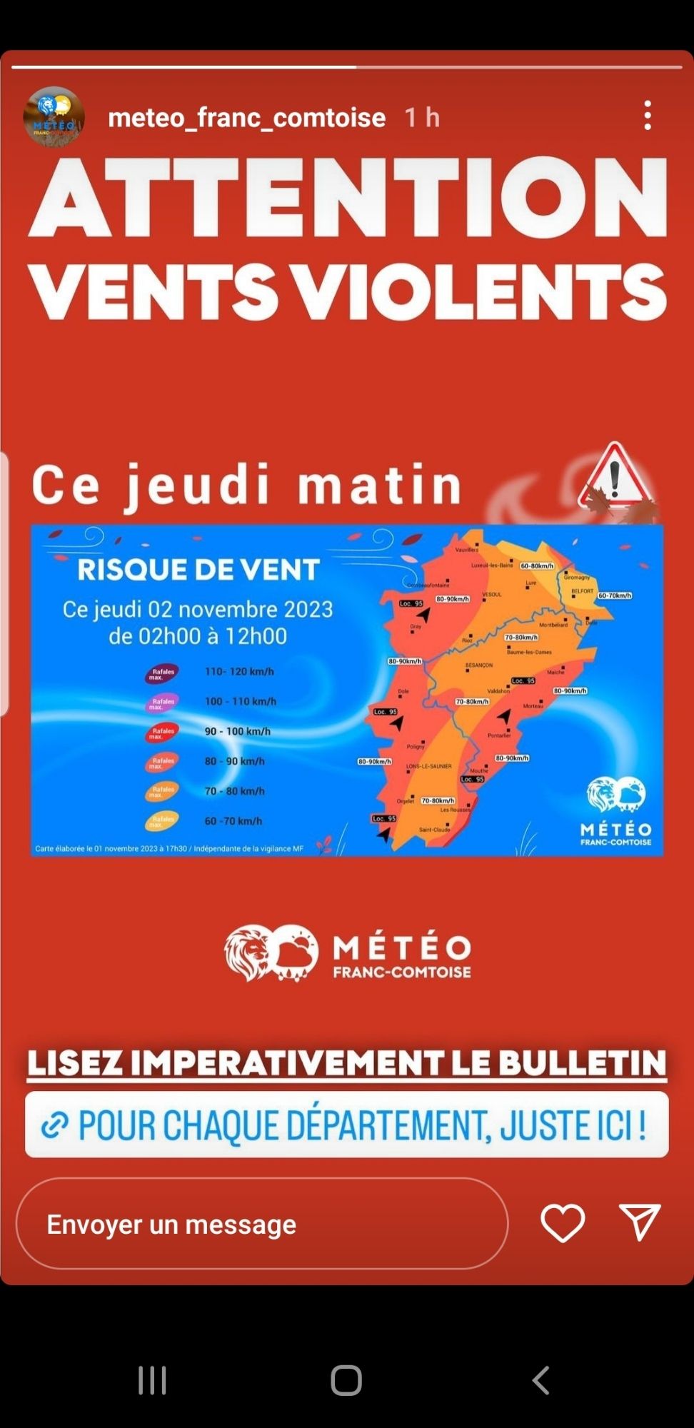 Carte météo de Franche-Comté avec les valeurs rafales de vent jeudi 2 novembre