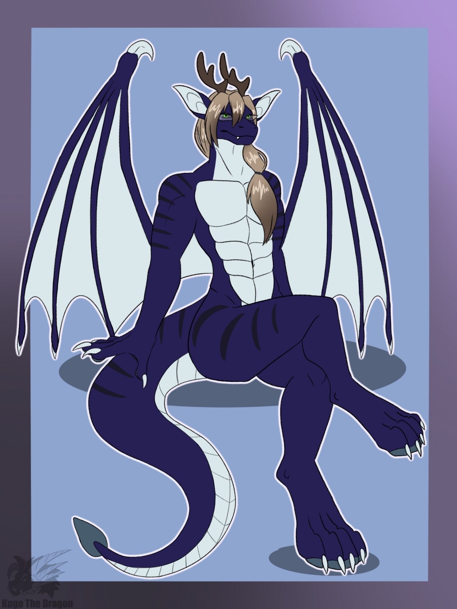 A blue and lighter blue anthro dragon sitting cross-legged in a fabulous pose.