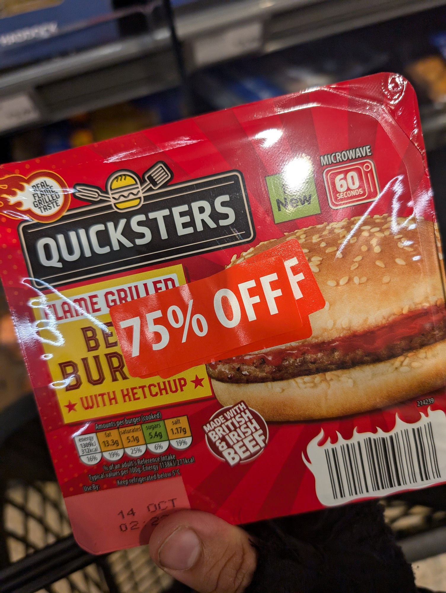 A microwave burger with a reduced for quick sale red discount sticker 