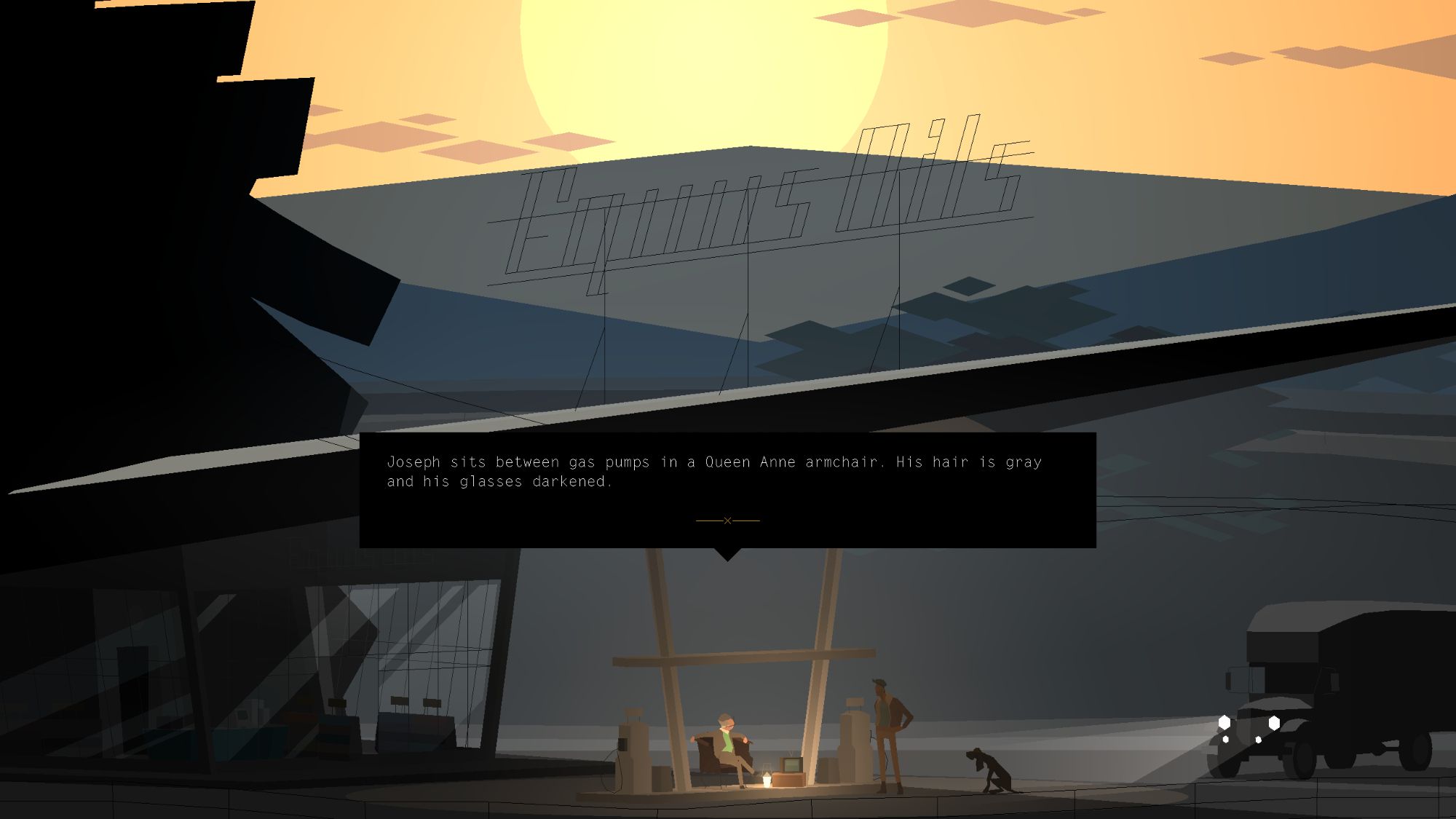 A screenshot from the game Kentucky Route Zero. It depicts an old man in dark glasses sitting in a queen anne armchair between gas pumps at a gas station. The caption of the game says "Joseph sits between gas pumps in a Queen Anne armchair. His hair is gray and his glasses darkened."